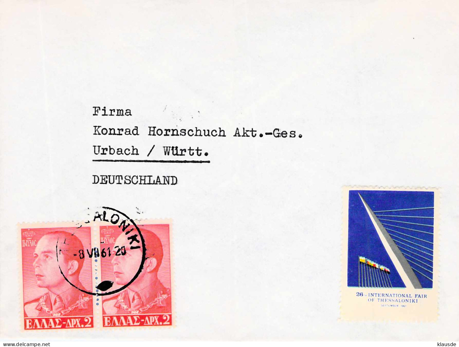 Cover Thessaloniki (Grece) - Urbach Germany 1961 - Covers & Documents