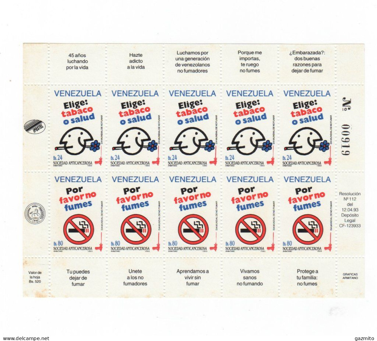 Venezuela 1993, No Smoking, Sheetlet - Drugs