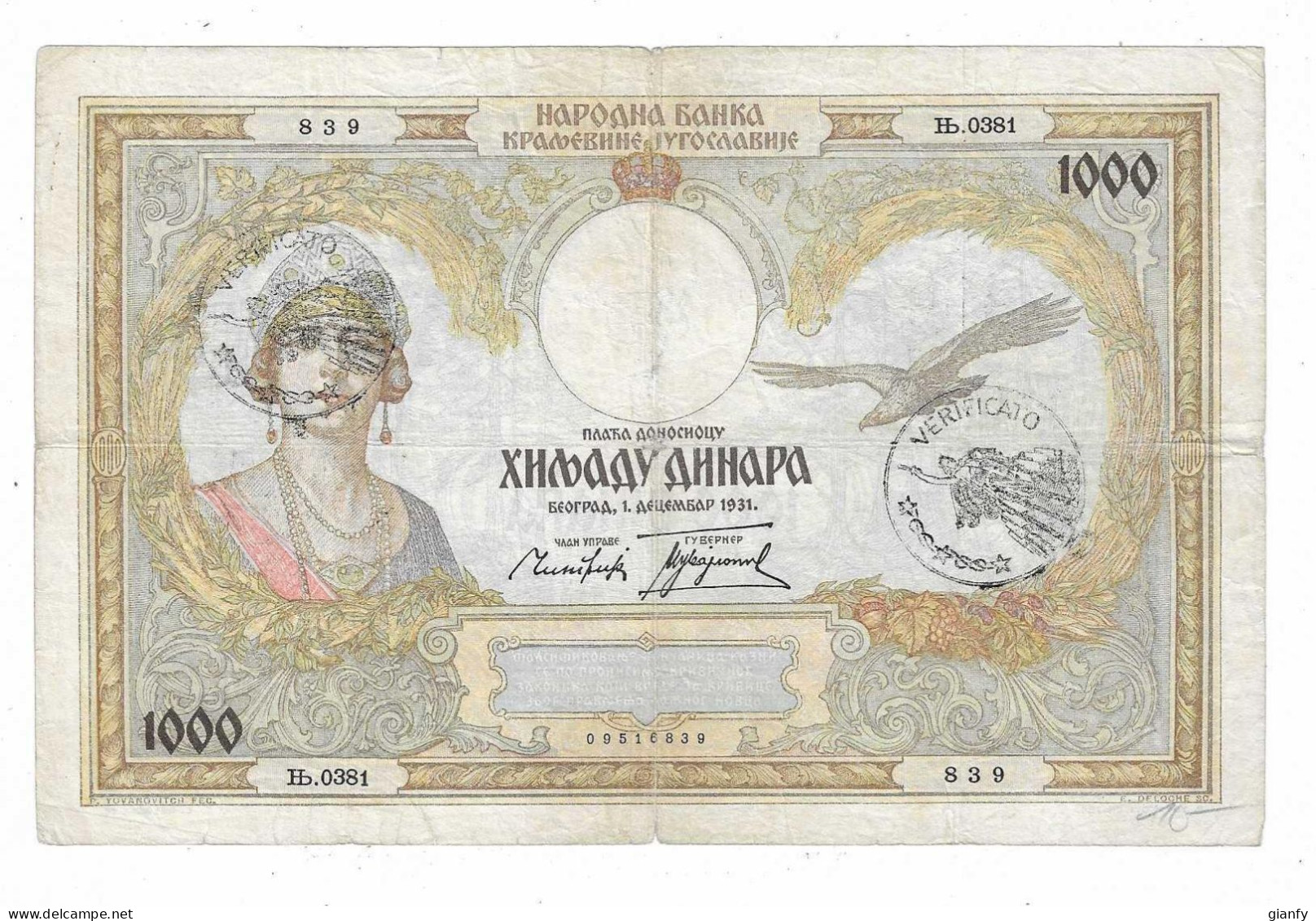 JUGOSLAVIA 1000 DINARA 1931 - Yougoslavie