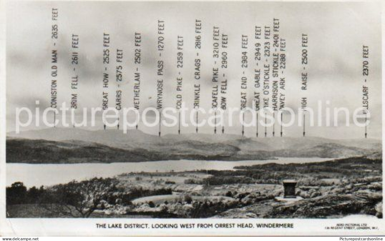 WINDERMERE THE LAKE DISTRICT LOOKING WEST SHOWING PEAKS IN FEET OLD R/P POSTCARD CUMBRIA - Windermere