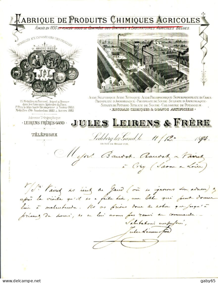 FACTURE.BLEGIQUE.LEDEBERG LES GAND.FABRIQUE DE PRODUITS CHIMIQUES AGRICOLES.JULES LEIRENS & FRERES 29 RUE BELLEVUE. - Landbouw