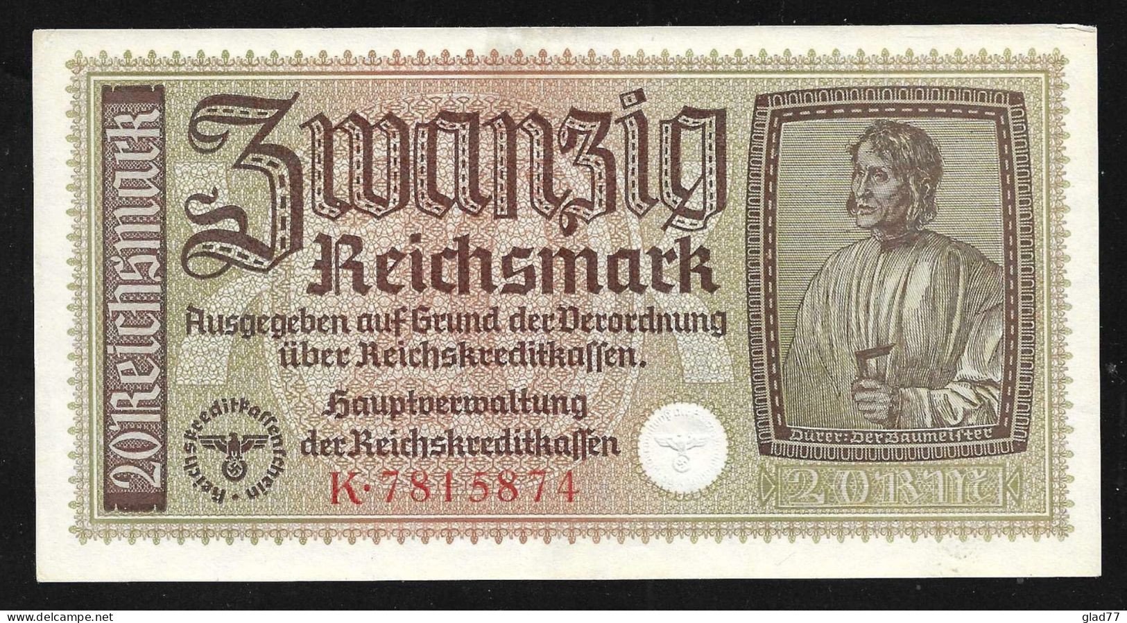 20 Reichsmark 1943 WWII Circulated In Greece (during Occupation) Choice AUNC! - 20 Reichsmark