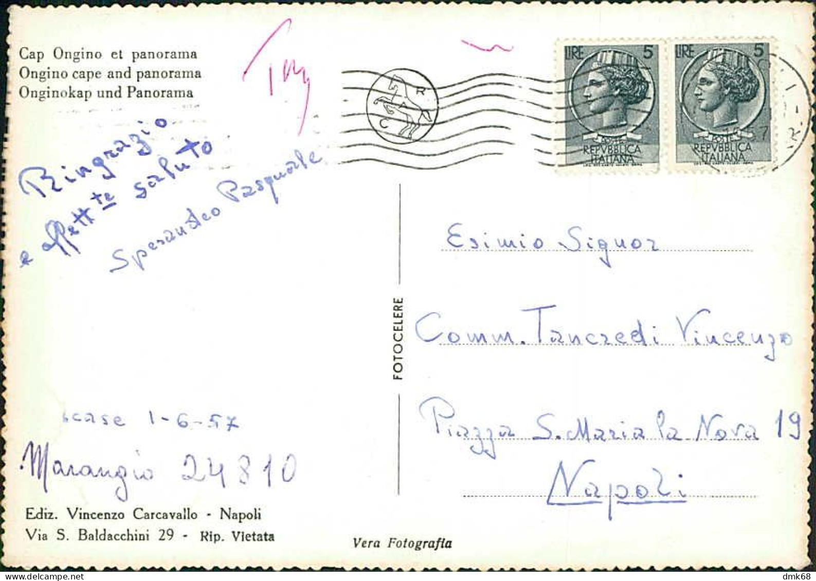 TORRE ANNUNZIATA - PUNTA ONGINO E PANORAMA - EDIZIONE CARCAVALLO - SPEDITA 1957 (15991) - Torre Annunziata