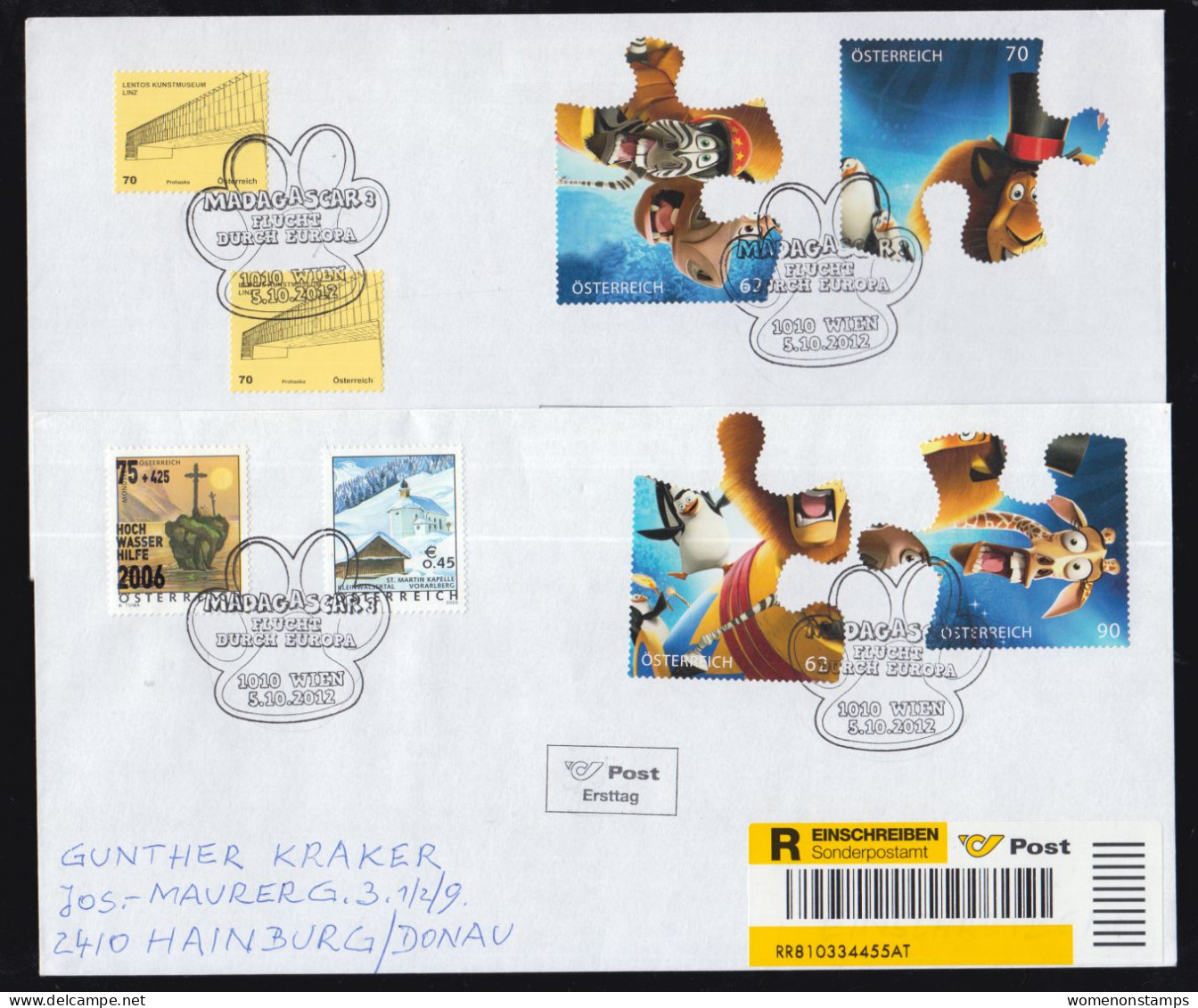 Unusual/Odd Registered FDC Dog Lion Giraffe Penguin Hippo, Pet Animal MADAGASCAR Movie Disney Austria - Oddities On Stamps