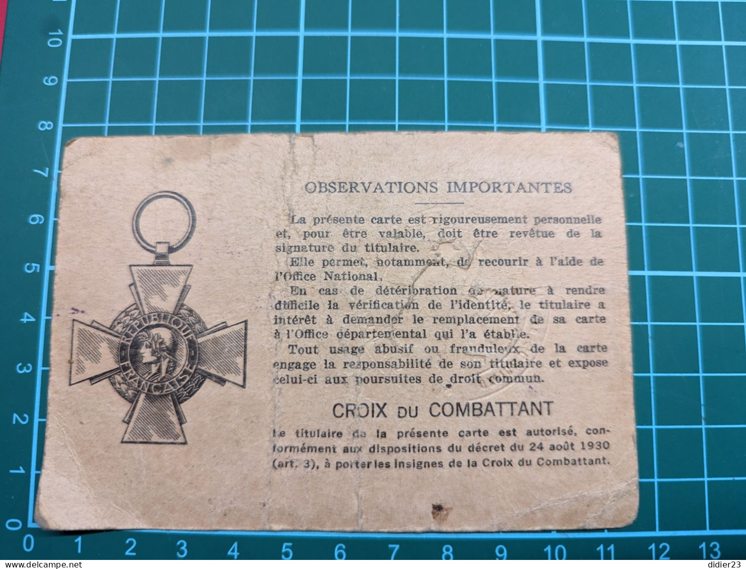 CARTE DU COMBATANT MILITAIRE - Sonstige & Ohne Zuordnung