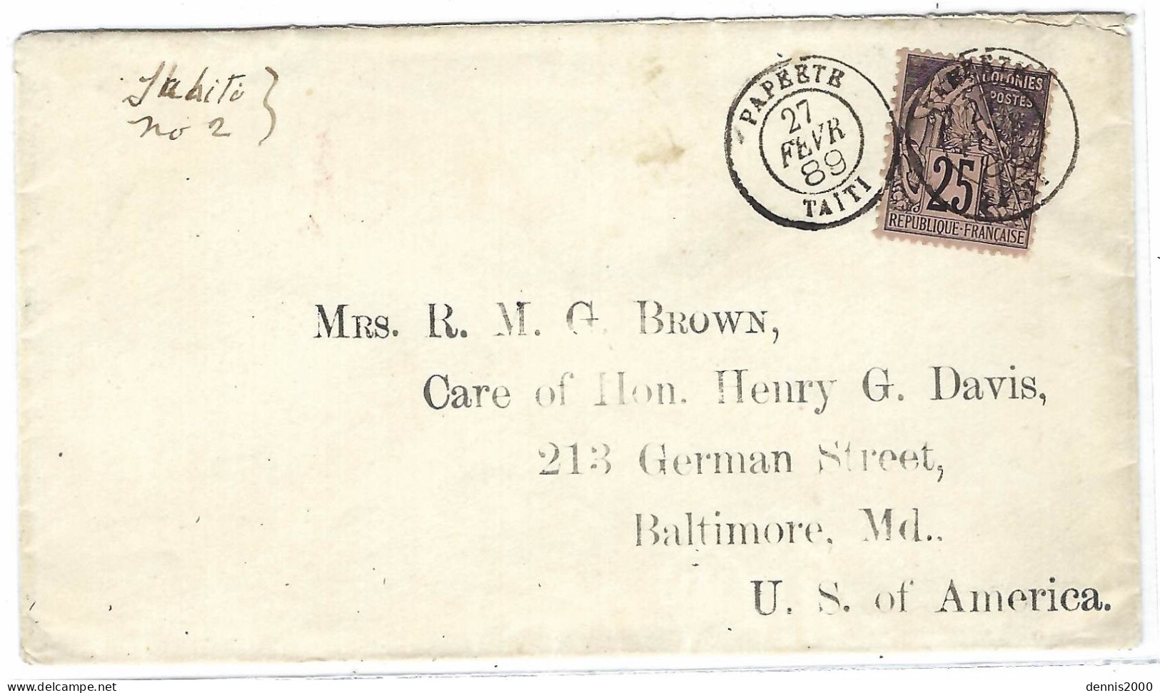 1889 - Enveloppe Affr. Col.gen.  25 C N°54 Oblit. Cad Mixte   PAPEETE / TAITI  Pour Baltimore ( U S A ) - Briefe U. Dokumente