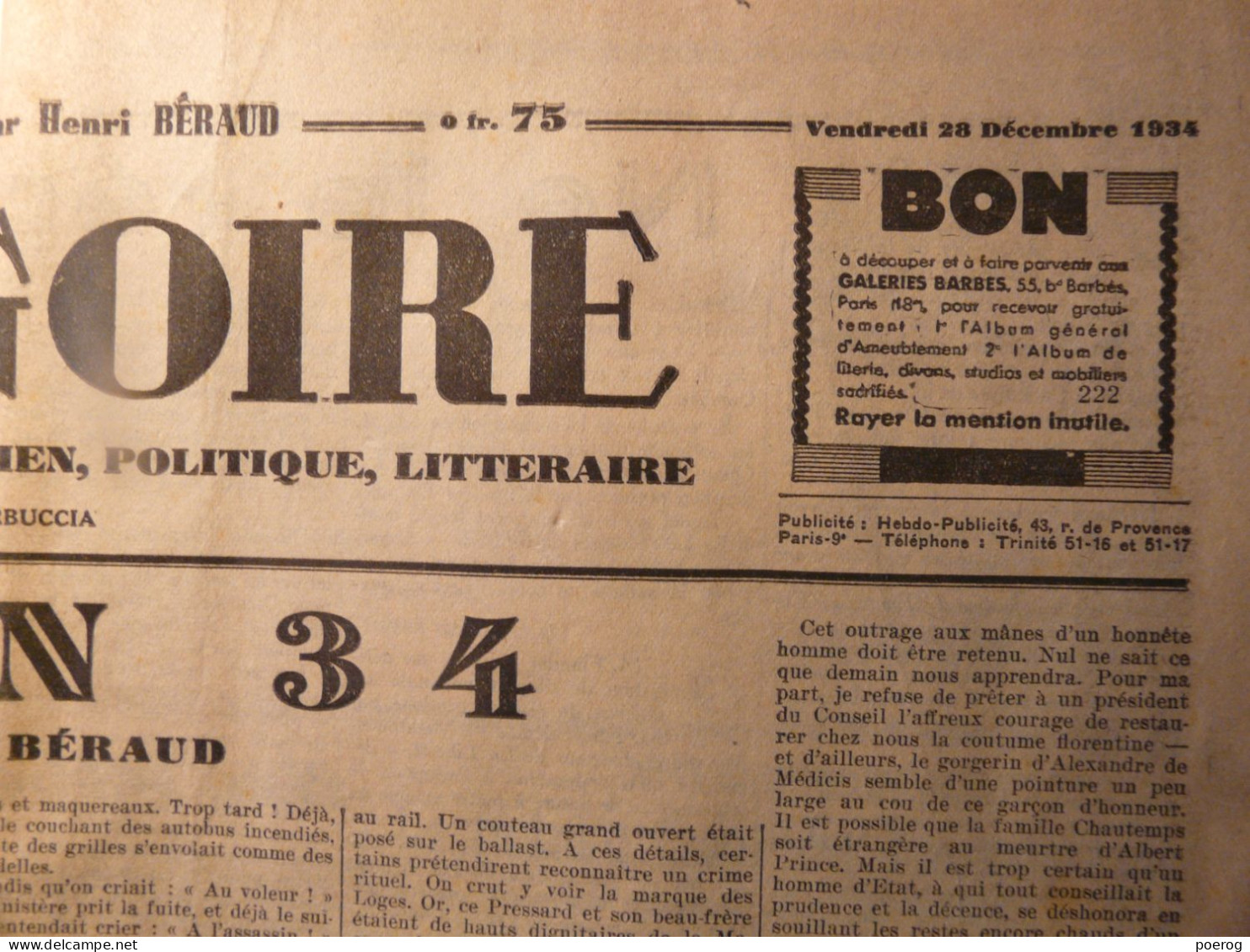 GRINGOIRE 28 DECEMBRE 1934 - HENRI BERAUD - MARCEL CAPY - FRANCIS CARCO - PAUL IRIBE -  DEKOBRA - Testi Generali