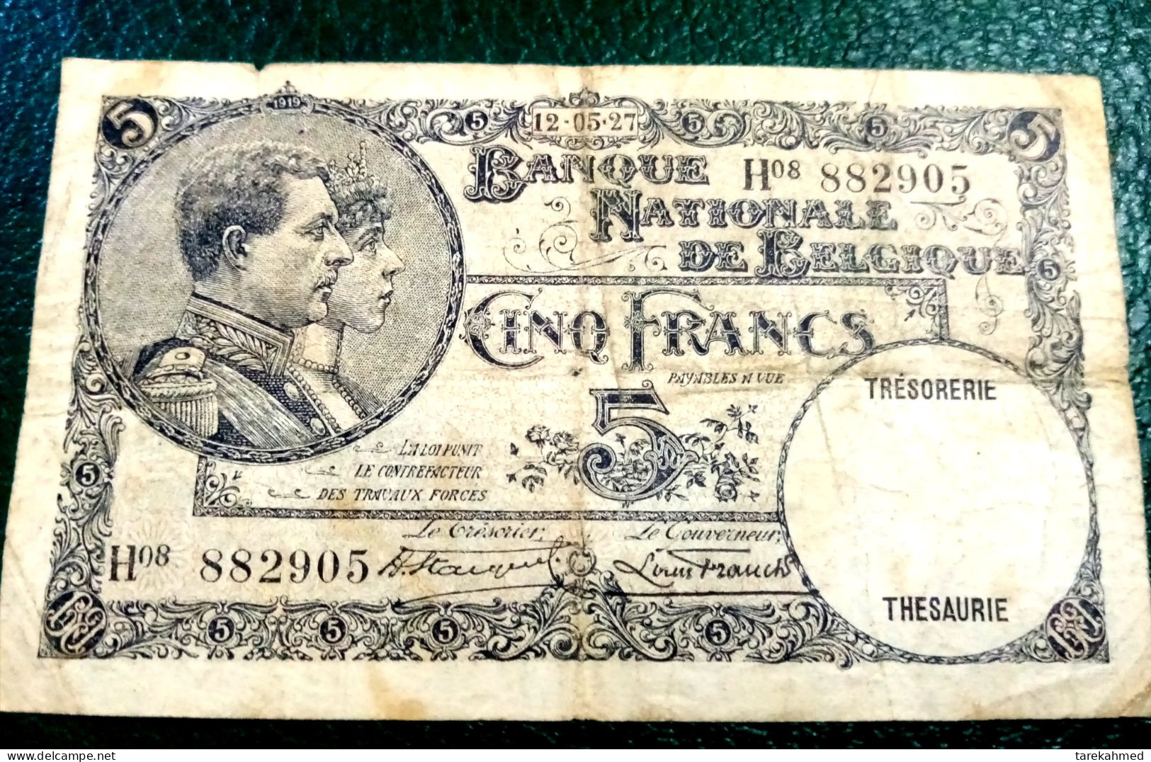 BELGICA 1927 , 5 FRANCS BELGIUM , REY ALBERTO Y REINA ELISABETH - 5 Franchi