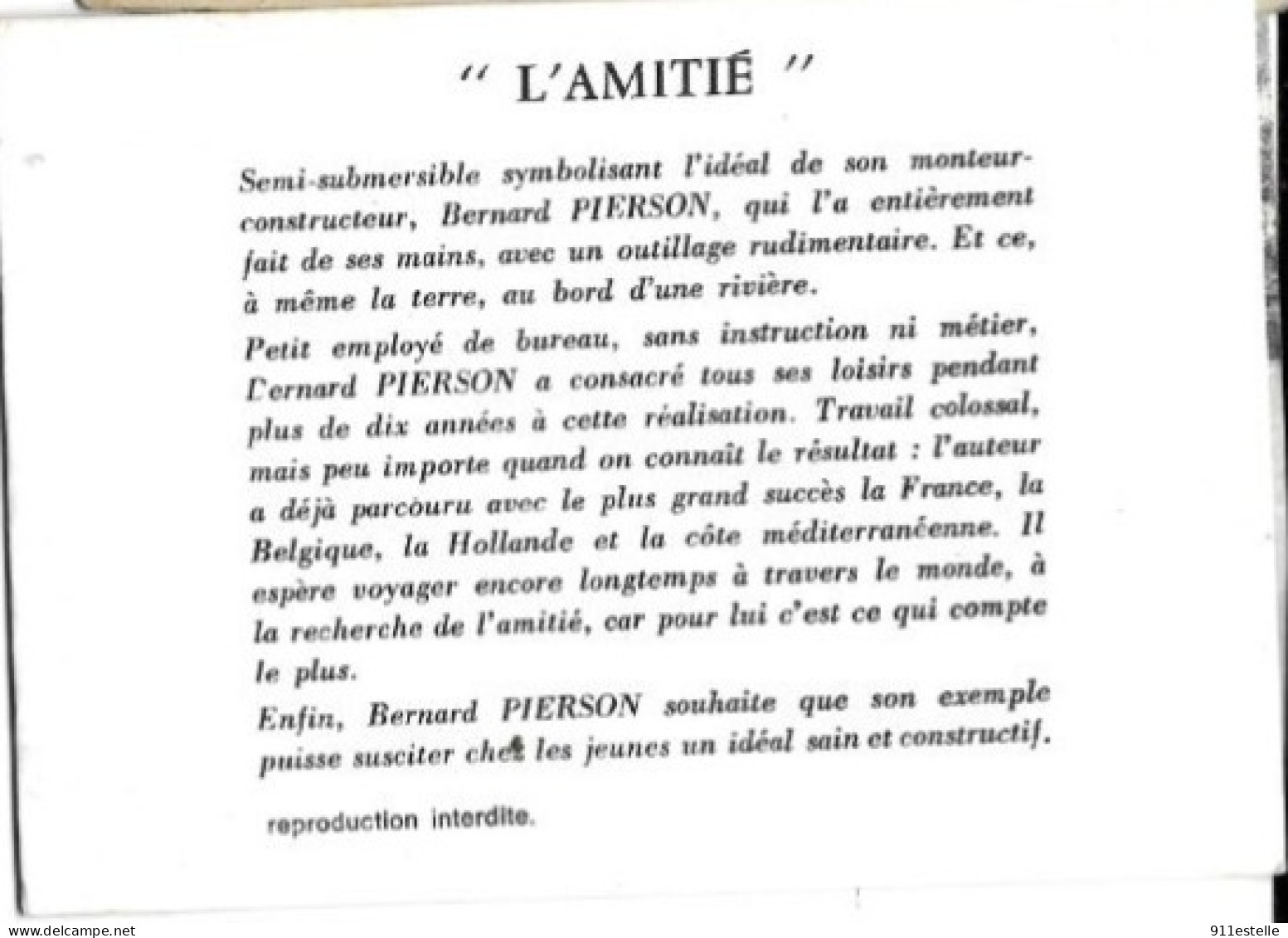 34  CASTELNAU LE LEZ . L'AMITIE BATEAU SEMI SUBMERSIBLE BERNARD PIERSON . AVEC SIGNATURE . SCANS - Castelnau Le Lez