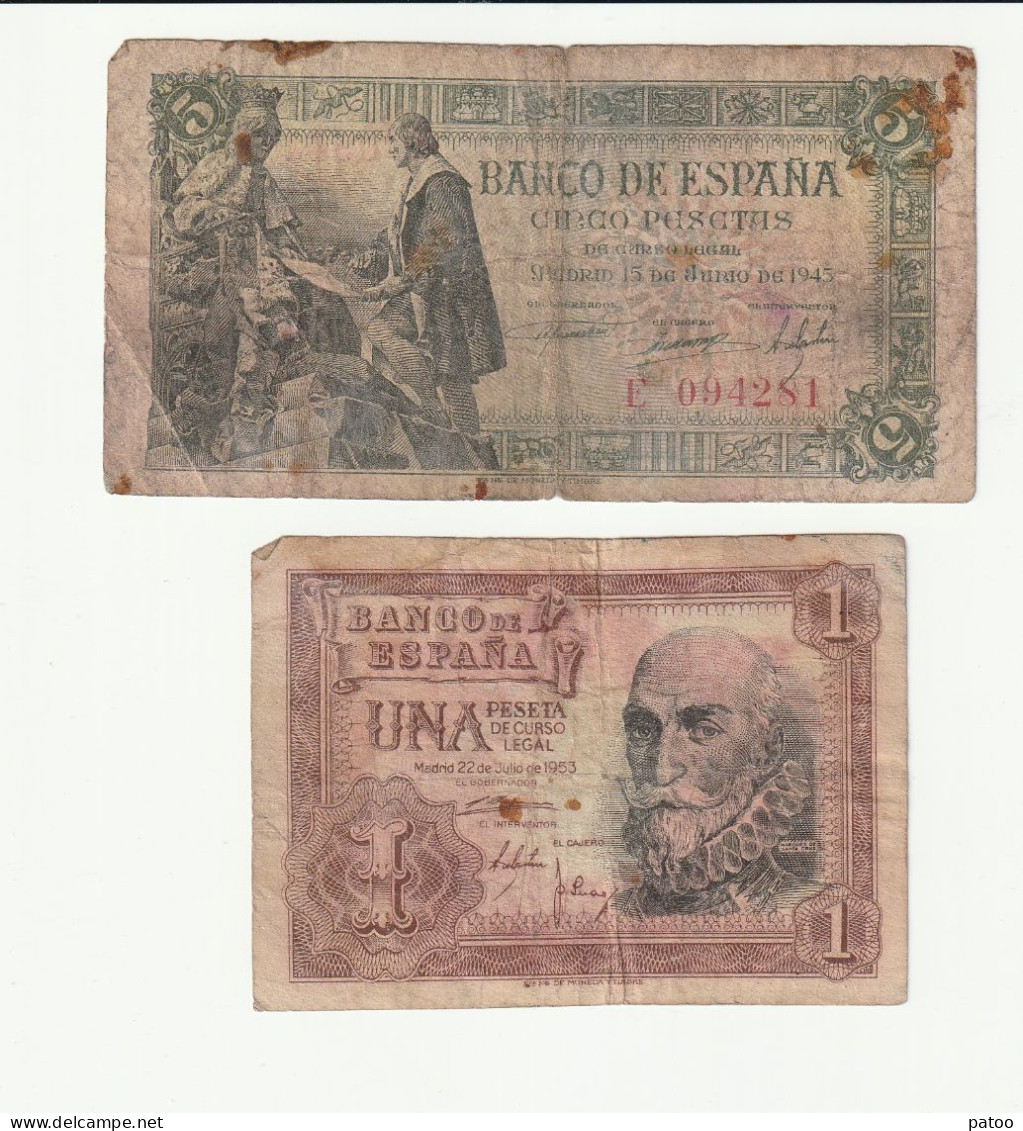 LOT DE 2 BILLETS Espagnols : 5 PESETAS DE 1945 (SE 15 JUIN 1945)  +1 PESETA DE 1953/ VENDUS EN L'ETAT - 5 Peseten