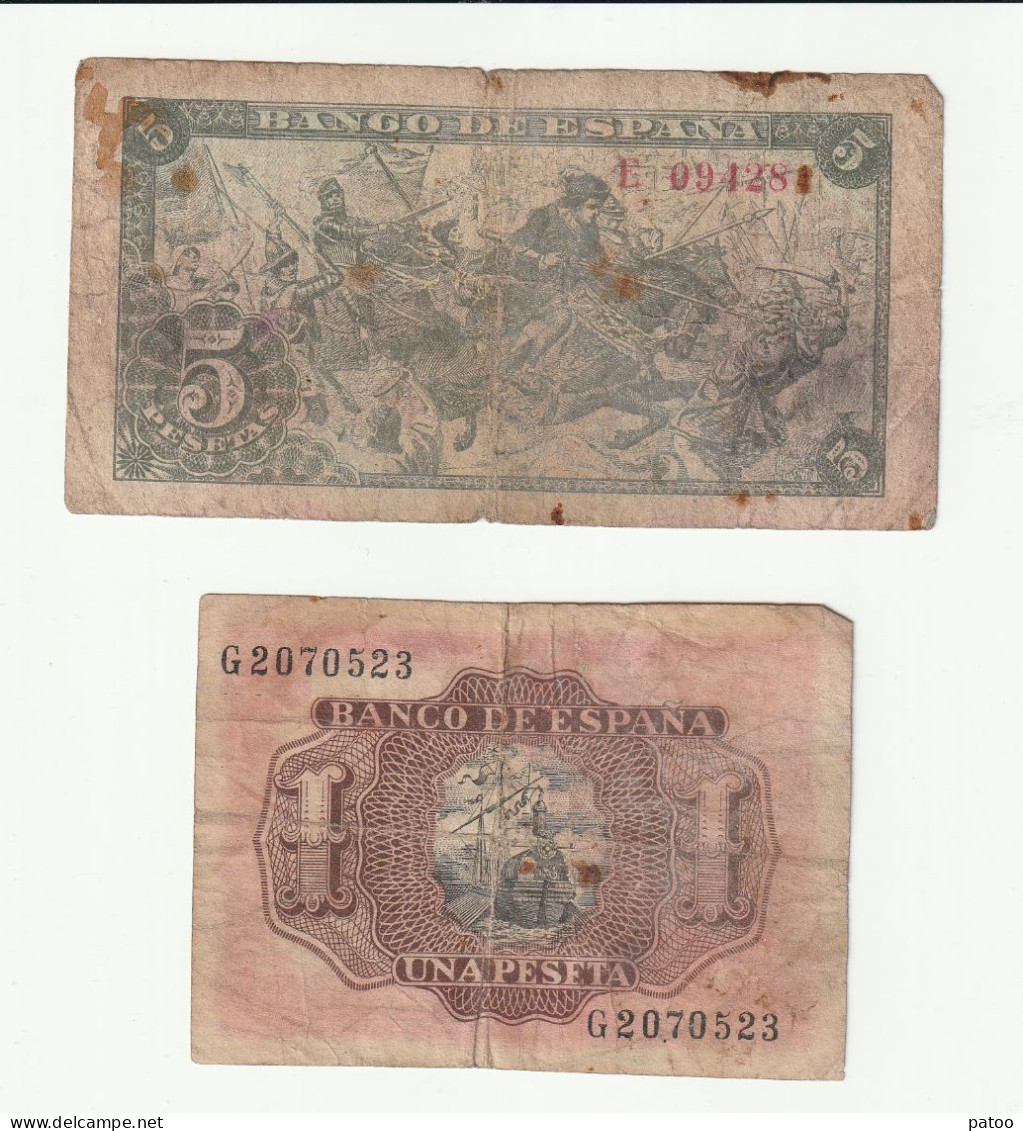 LOT DE 2 BILLETS Espagnols : 5 PESETAS DE 1945 (SE 15 JUIN 1945)  +1 PESETA DE 1953/ VENDUS EN L'ETAT - 5 Peseten