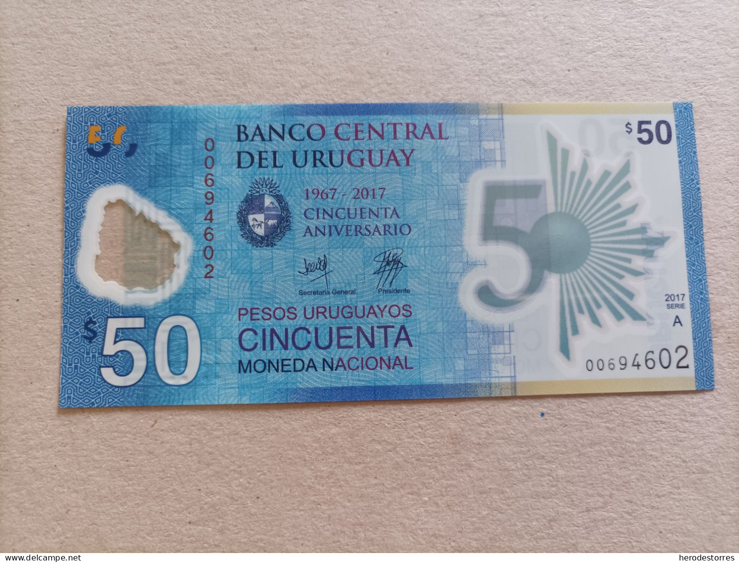 Billete De Uruguay De 50 Pesos, Año 2017, Serie A00694602, UNC - Uruguay
