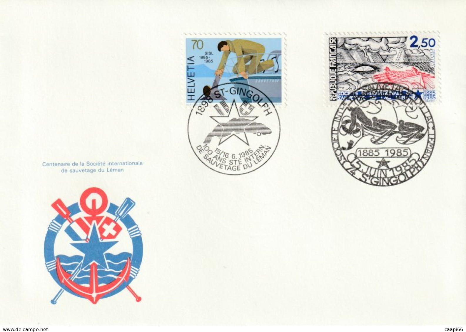 Centenaire De La Société Internationale De Sauvetage Du Léman (timbre Et Tampon Suisse +  Timbre Et Tampon Français) - Enveloppes Repiquages (avant 1995)