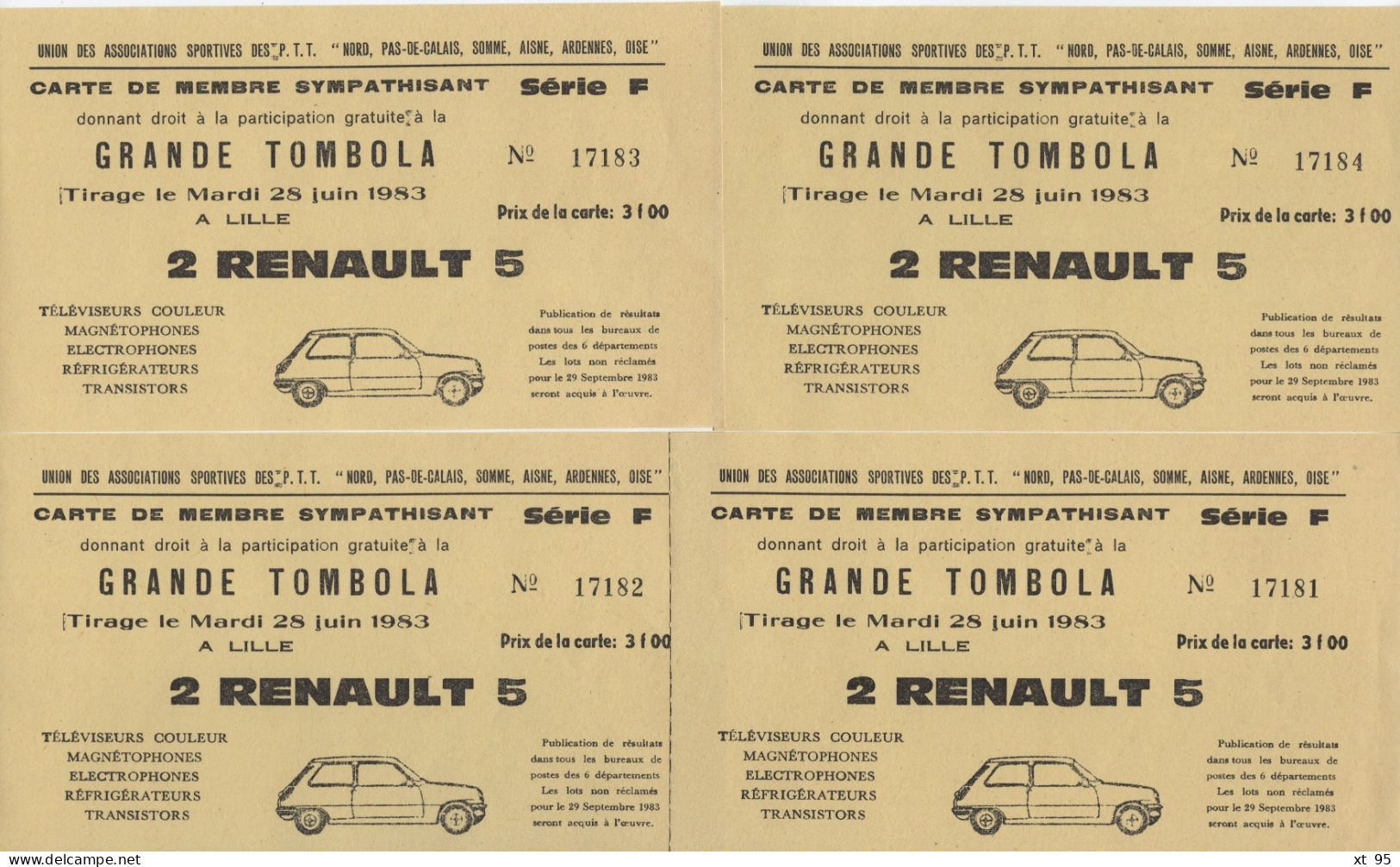 Lot De 4 Billets De Tombola - Union Sportive Des PTT - 1983 - Renault 5 - Aisne Ardennes Nord Pas De Calais Oise - Billets De Loterie