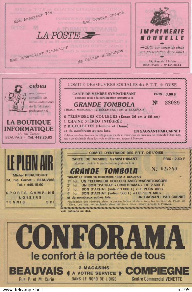 Lot De 4 Billets De Tombola - Oeuvres Sociales Des PTT De L Oise - 1984 (x2) + 1982 (x2) - Lotterielose
