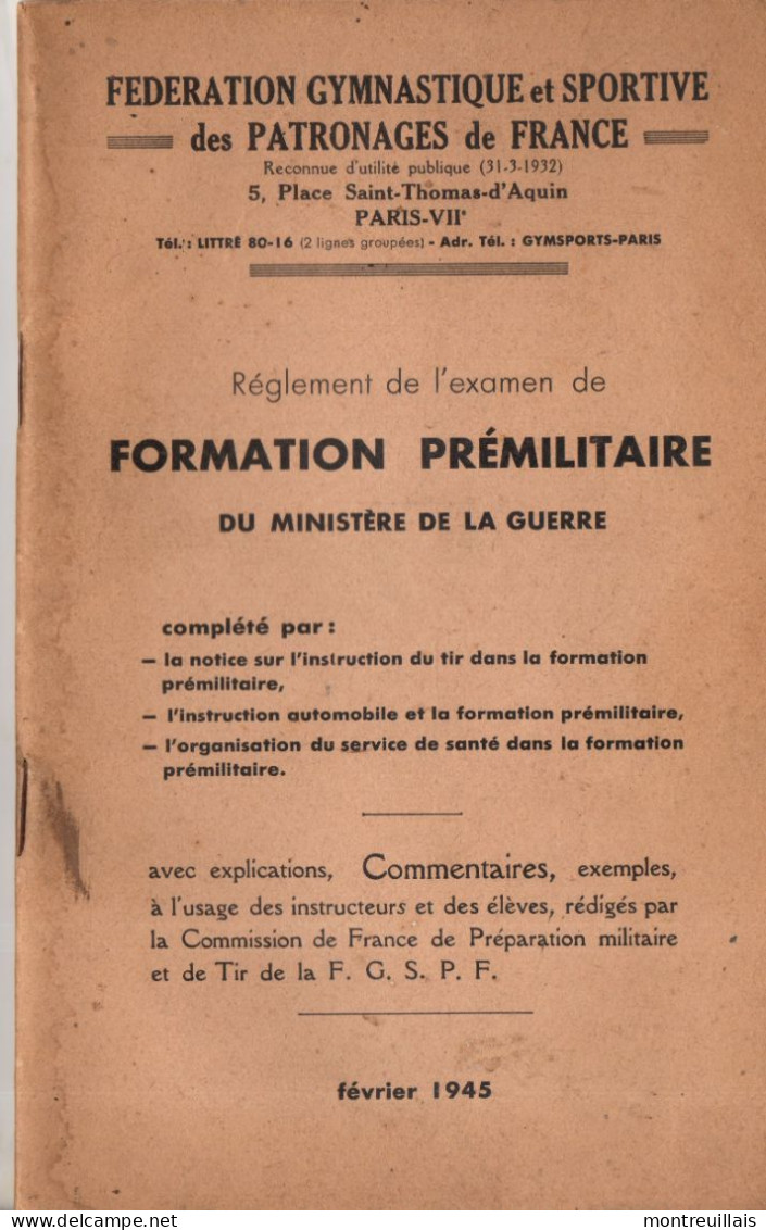 Réglement De L'examen De Formation Pré Militaire, Fédération Gymnastique Et Sportive, 48 Pages, 1945, Ministère Guerre - Documents