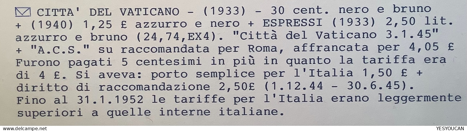 Sa.24, 74, E4 1933 Espresso 2,50L 1945 Lettera A.C.S Censura>Roma (Vatican Vaticano Cover Italia Express Censored - Lettres & Documents