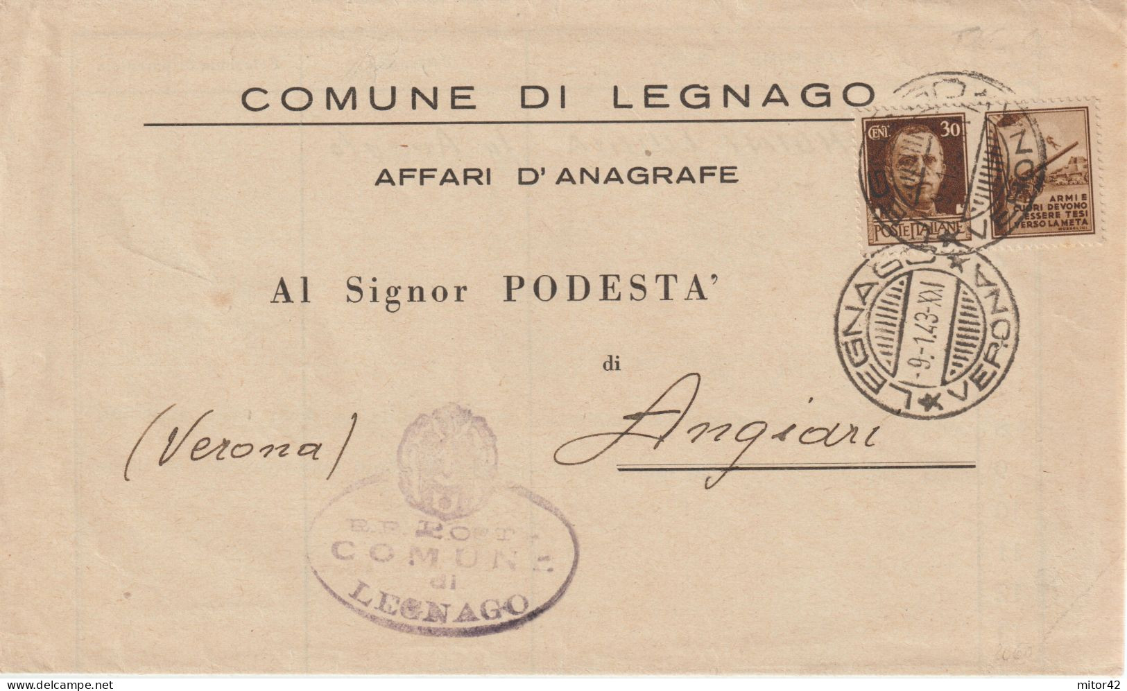 21*-30c.Propaganda Di Guerra: Armi E Cuori...Modulo Anagrafico Di Legnago-Verona X Anciari V.1943 - Oorlogspropaganda