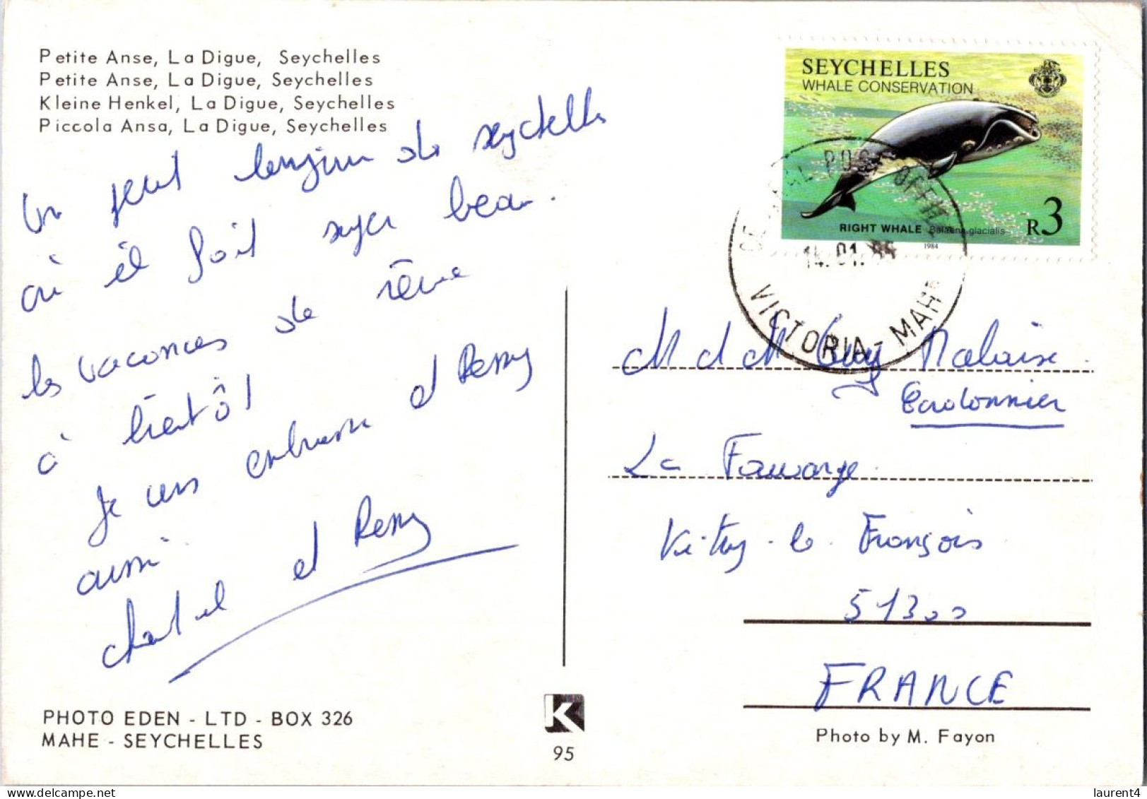 (1 Q 6) Seychelles (posted To France With Whale Stamp) Petite Anse - Seychelles