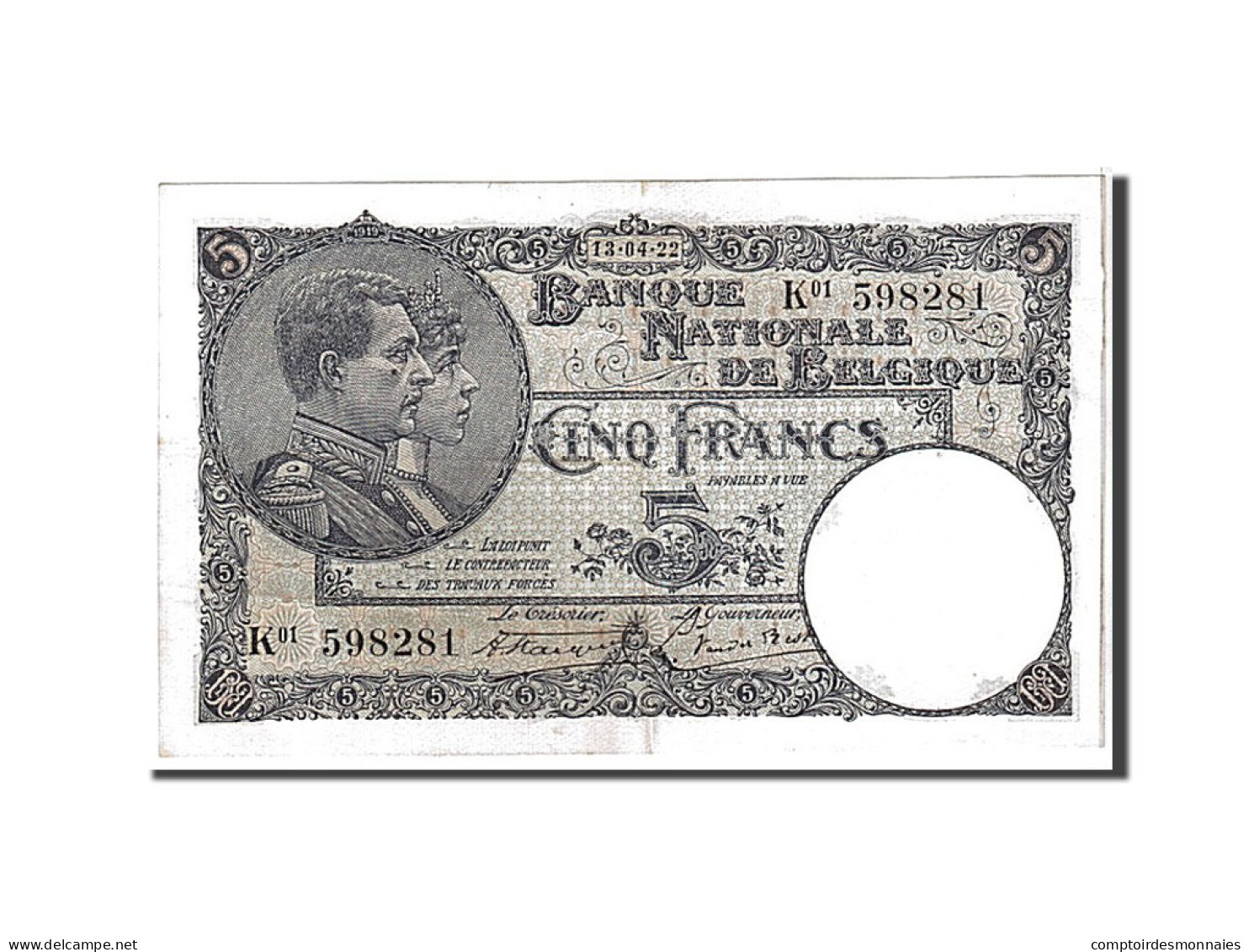 Billet, Belgique, 5 Francs, 1922, KM:93, TTB+ - 5 Francs