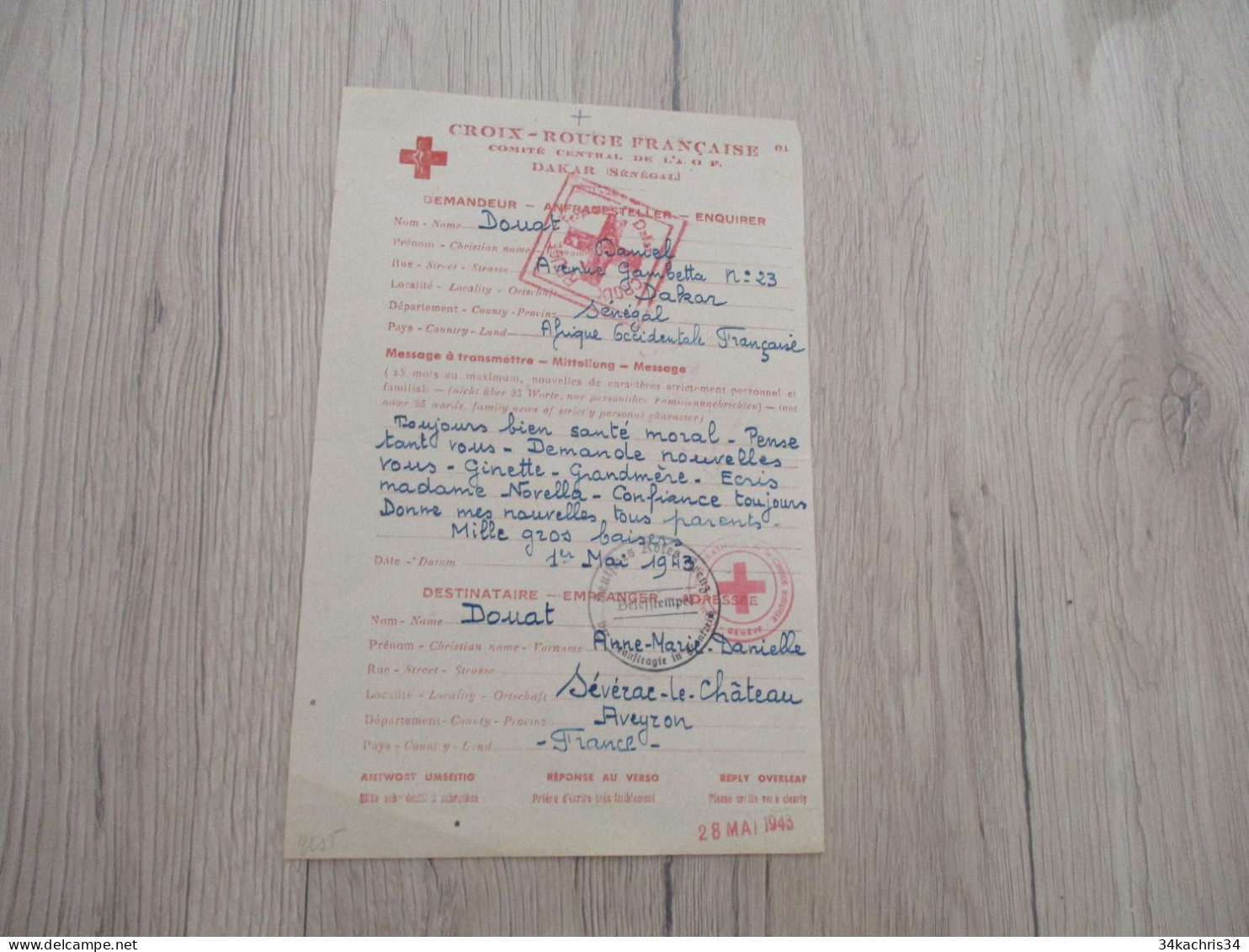 Lettre France Croix Rouge Française Dakar Sénégal Message à Transmettre Severac Aveyron 1943 - WW II