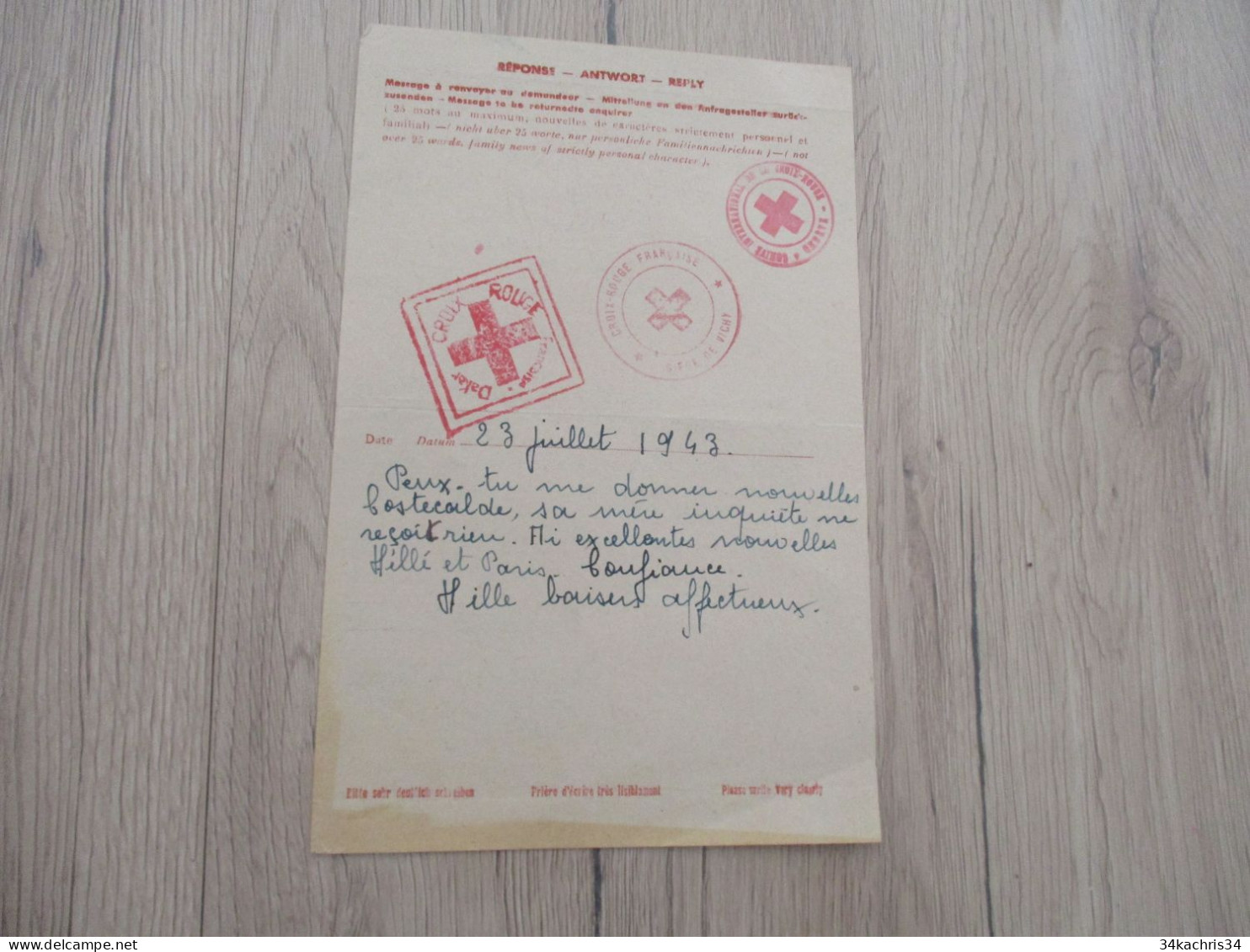 Lettre France Croix Rouge Française Dakar Sénégal Message à Transmettre Severac Aveyron 1943 - Guerre De 1939-45