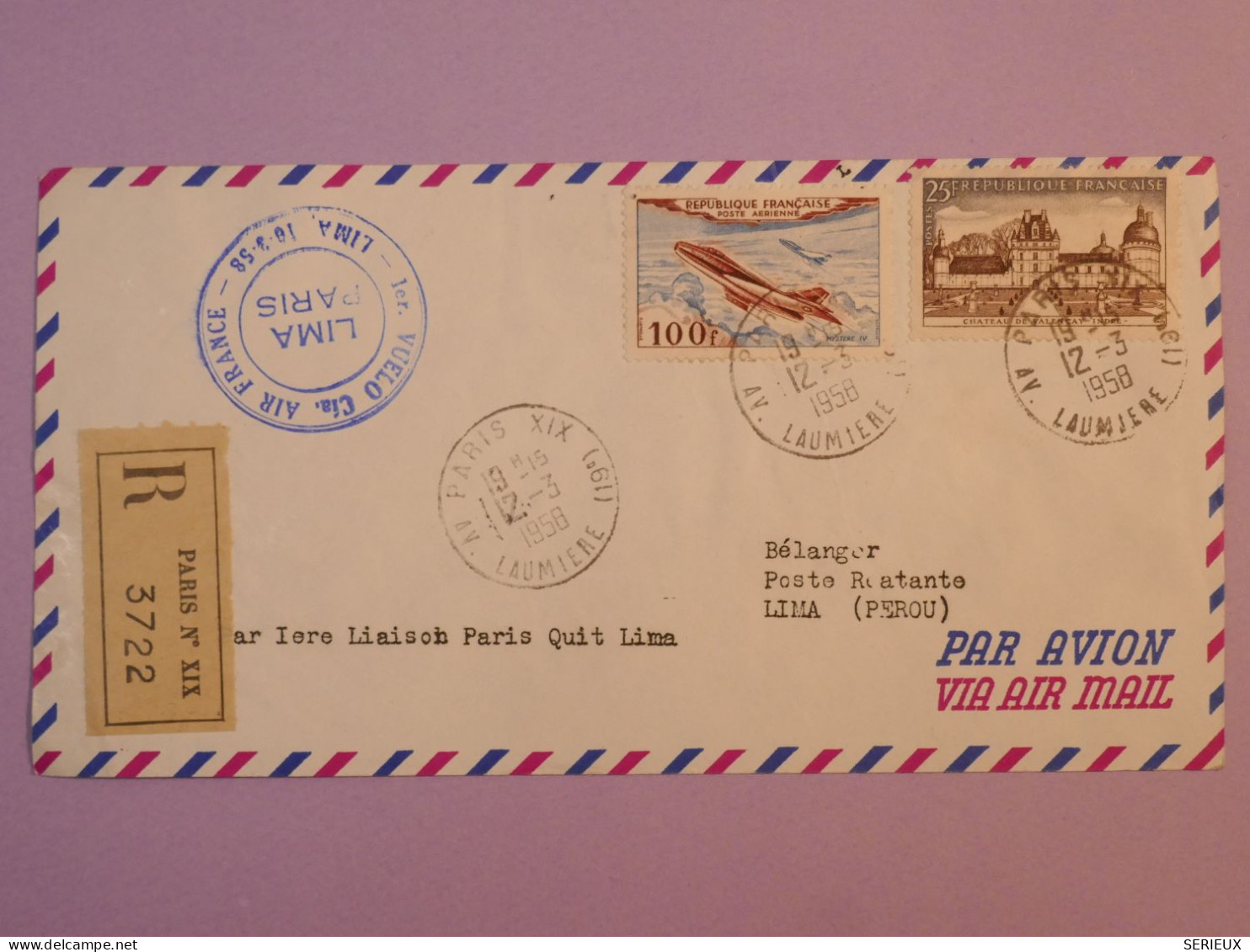 BS17  FRANCE  BELLE LETTRE RECO 1958 1ER VOL  PARIS   LIMA PERU  + AFFR. PLAISANT++ ++ - Erst- U. Sonderflugbriefe