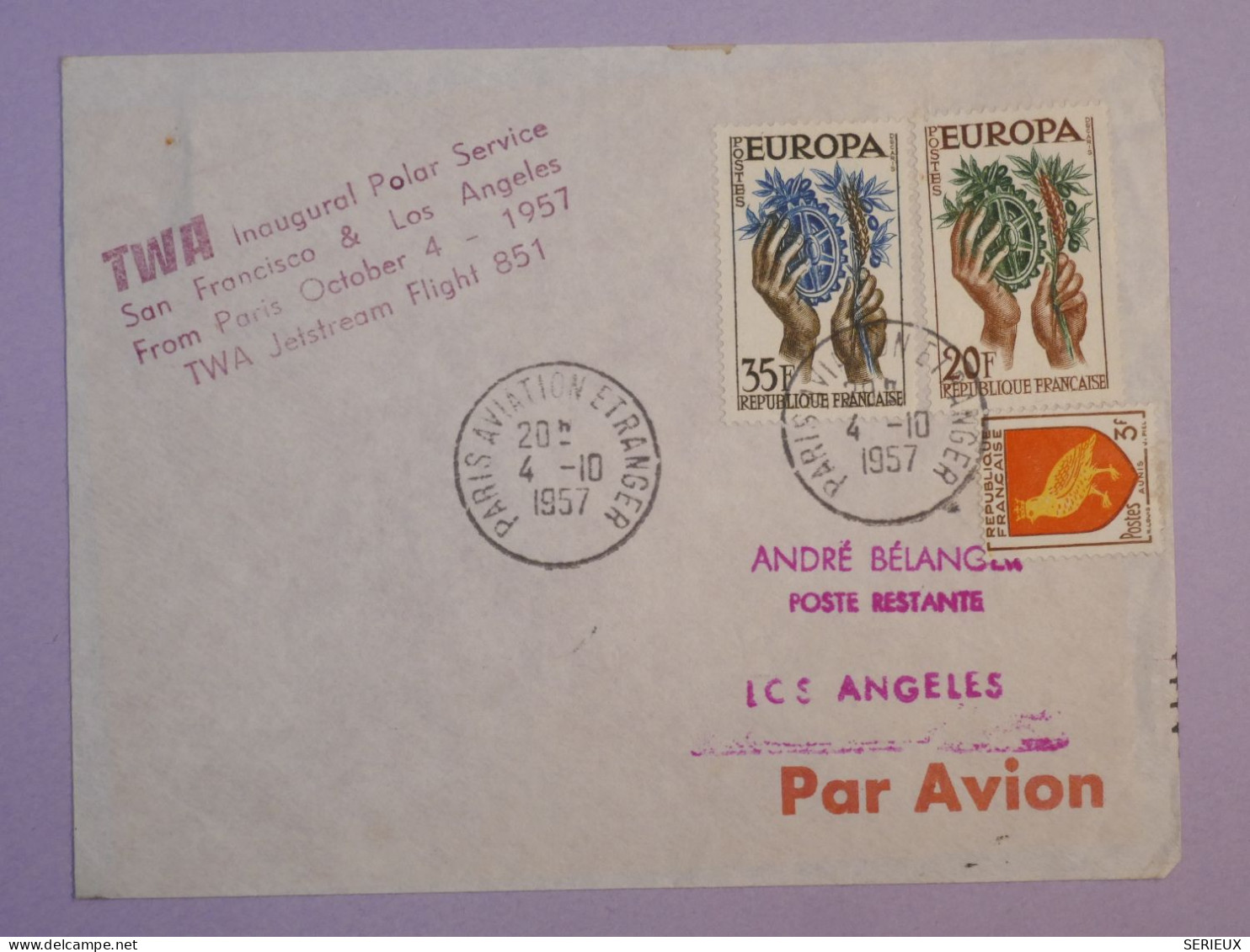 BS17  FRANCE  BELLE LETTRE 1957 1ER VOL  PARIS LOS ANGELES USA + AFFR. PLAISANT++ ++ - First Flight Covers