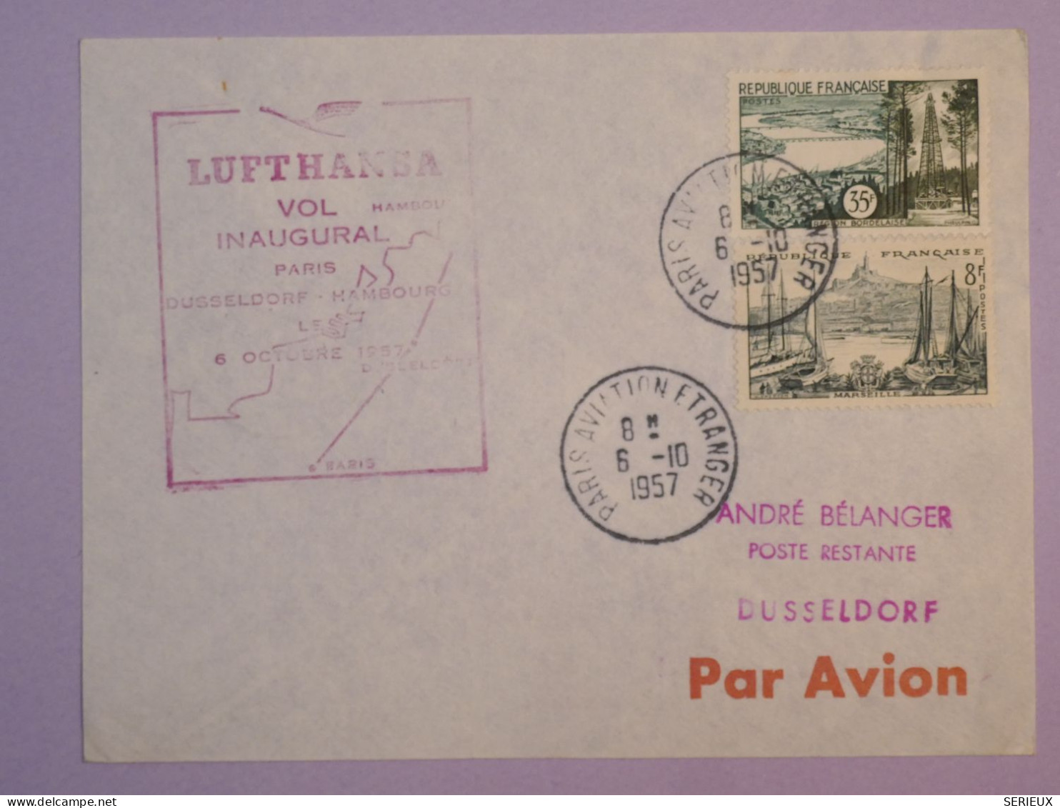 BS17  FRANCE  BELLE LETTRE 1957 1ER VOL  PARIS LOS A DUSSELDORF GERMANY + AFFR. PLAISANT++ ++ - First Flight Covers