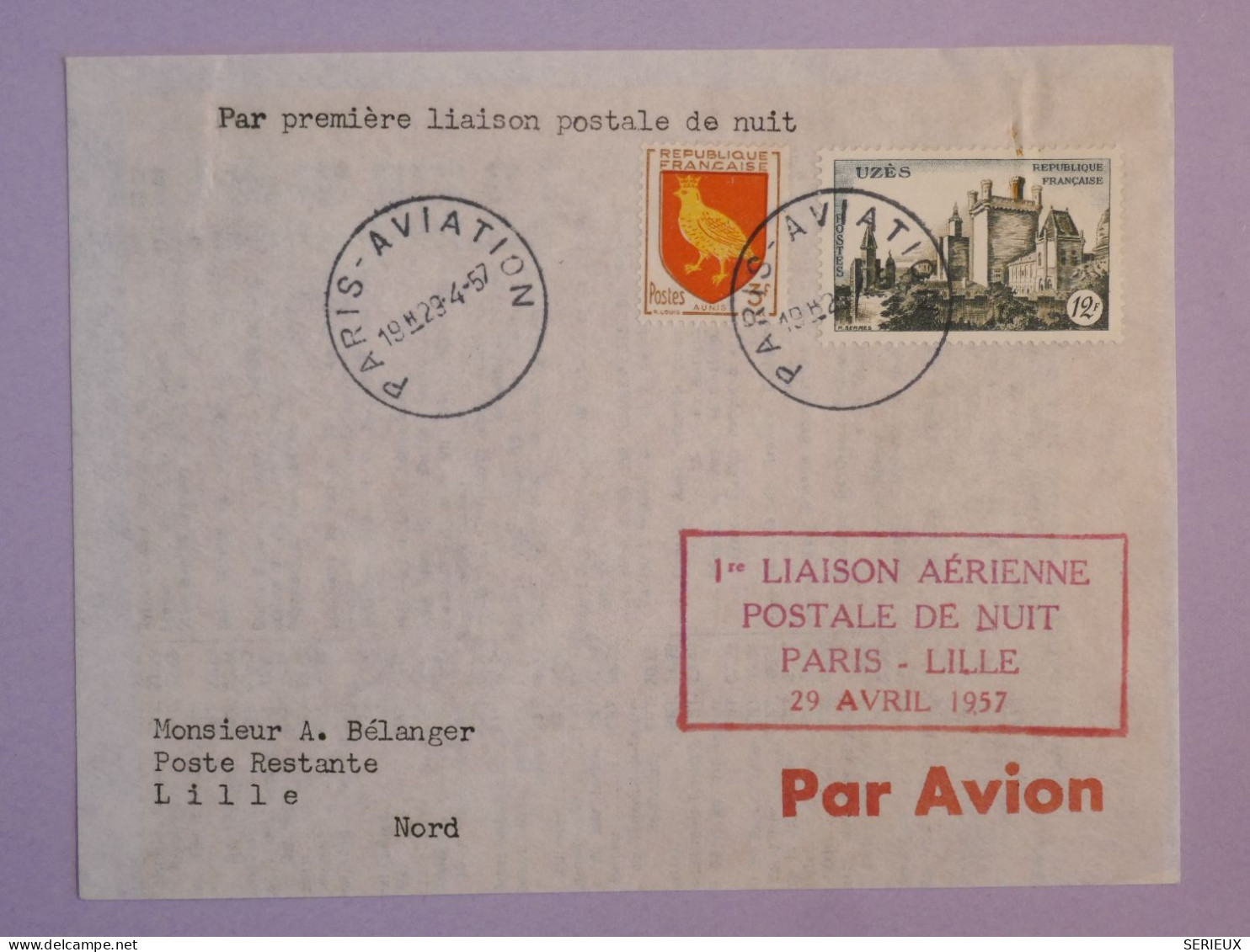 BS17  FRANCE  BELLE LETTRE 1957 1ER VOL  PARIS LILLE  + AFFR. PLAISANT++ ++ - Erst- U. Sonderflugbriefe