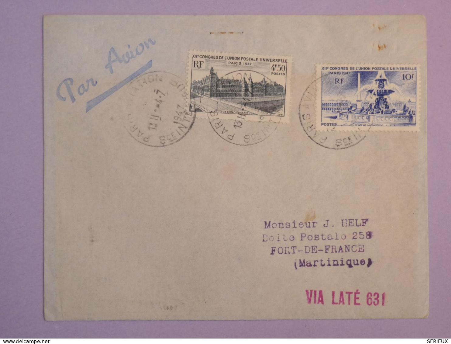 BS17  FRANCE  BELLE LETTRE 1947 1ER VOL  PARIS MARTINIQUE FORT DE FRANCE+ VIGNETTE   + AFFR. PLAISANT++ ++ - First Flight Covers