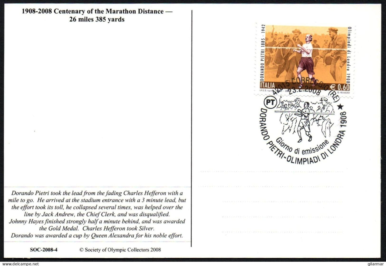 ATHLETICS / OLYMPIC - ITALIA CORREGGIO (RE) 2008 - DORANDO PIETRI - OLIMPIADI LONDRA 1908 - CARTOLINA SOC-2008-4 - G - Ete 1908: Londres