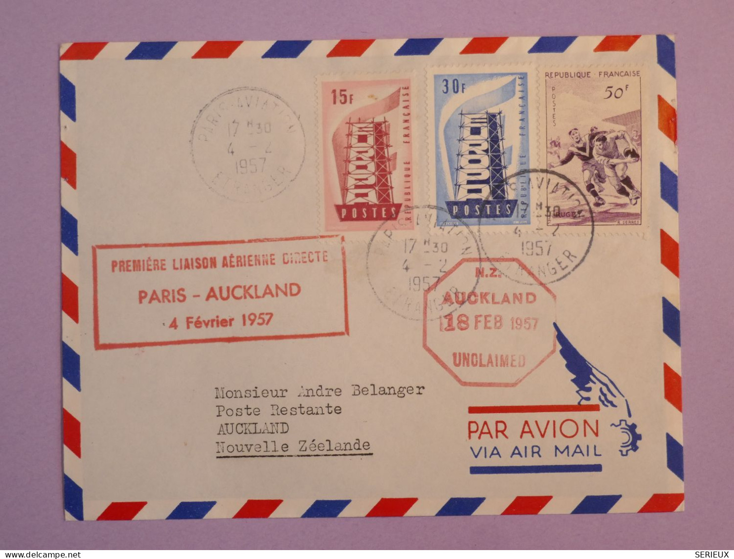 BS17  FRANCE  BELLE LETTRE 1957 1ER VOL  PARIS  A  AUKLAND + AFFR. PLAISANT++ ++ - Primi Voli