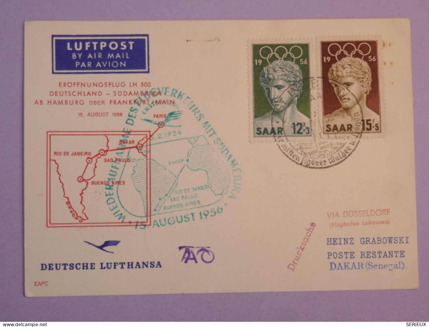 BS17  SAAR  BELLE LETTRE 1956 1ER VOL LUFTHANSA  A DAKAR SENEGAL + AFFR. PLAISANT++ ++ - First Flight Covers