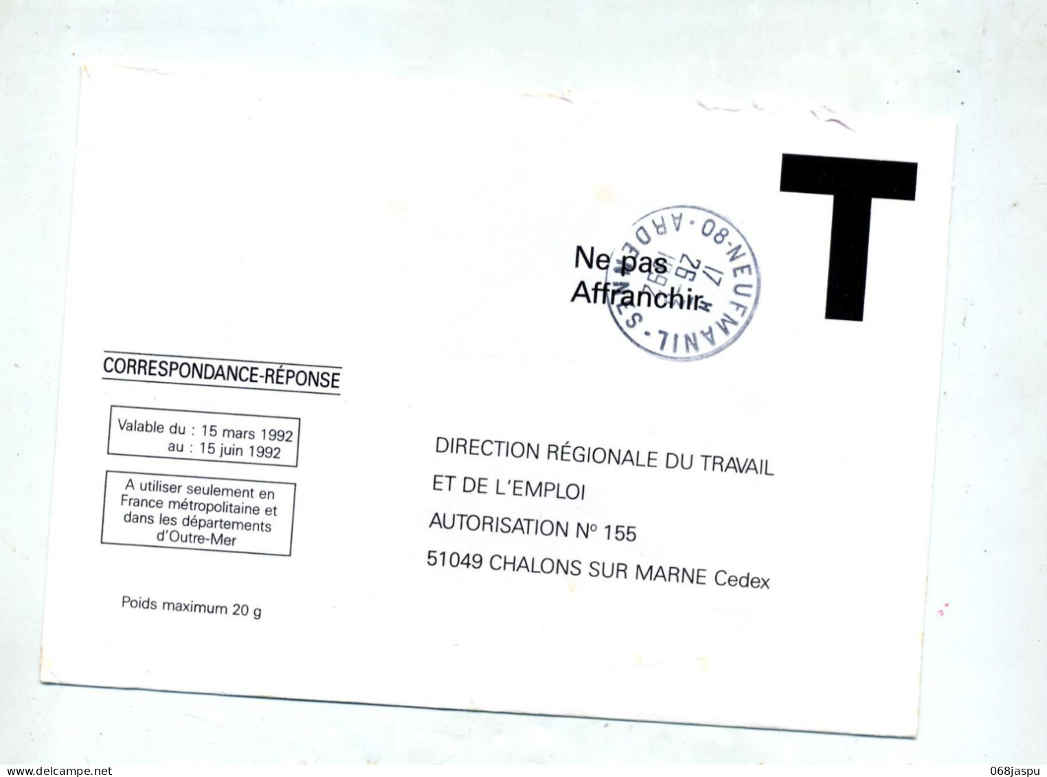 Enveloppe Reponse T Drire Cachet Neufmanil - Cartes/Enveloppes Réponse T
