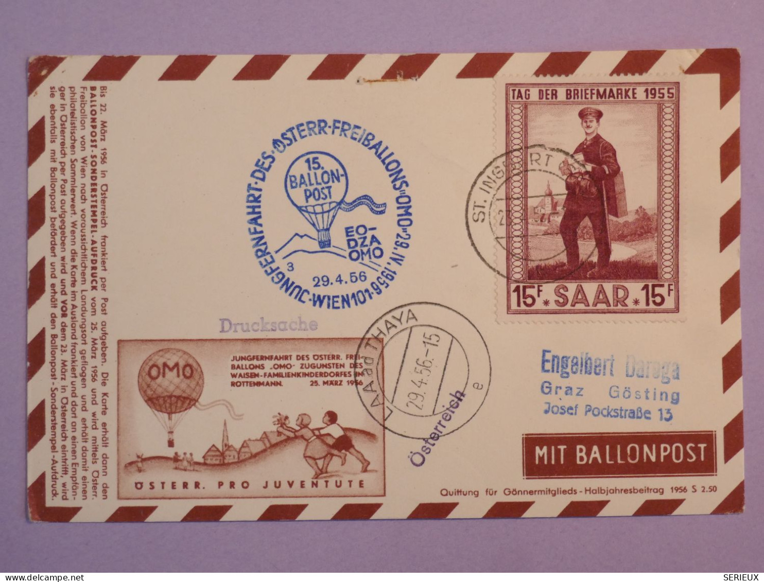 BS17  SAAR  BELLE LETTRE 1956 1ER VOL  BALLONPOST AUTRICHE  + AFFR. PLAISANT++ ++ - Posta Aerea