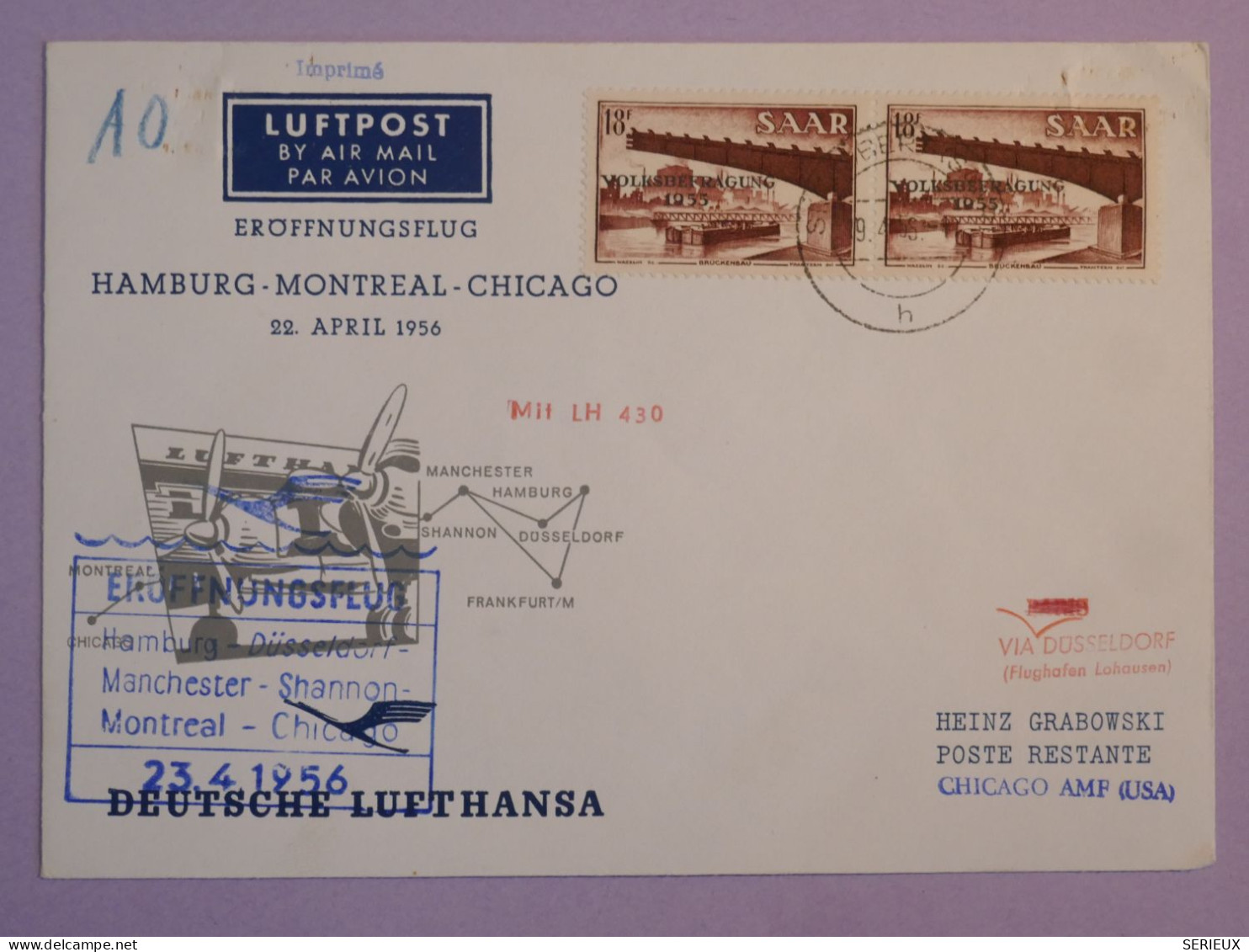 BS17  SAAR  BELLE LETTRE 1956 1ER VOL  HAMBURG A  CHICAGO USA   + AFFR. PLAISANT++ ++ - Airmail