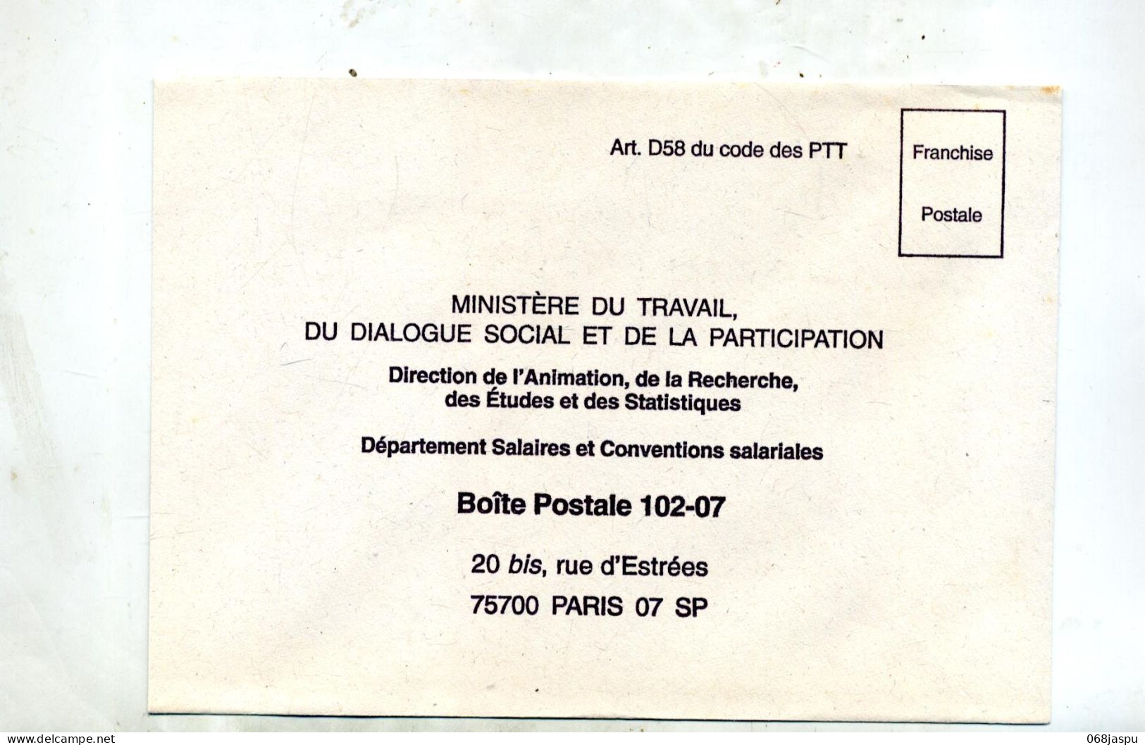 Enveloppe Reponse Ministere Travail - Cartas/Sobre De Respuesta T