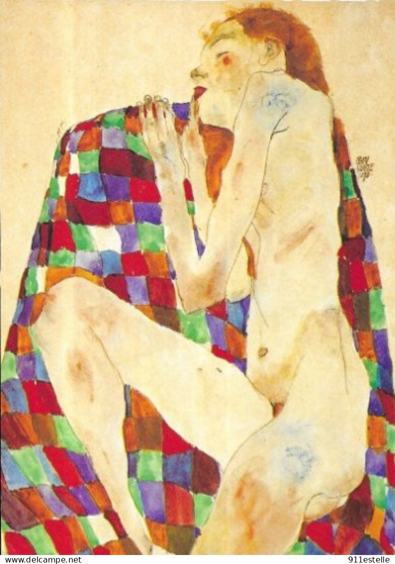 EGON SCHIELE  /    NU FEMININ  SUR COUVERTURE BARIOLEE - Schiele