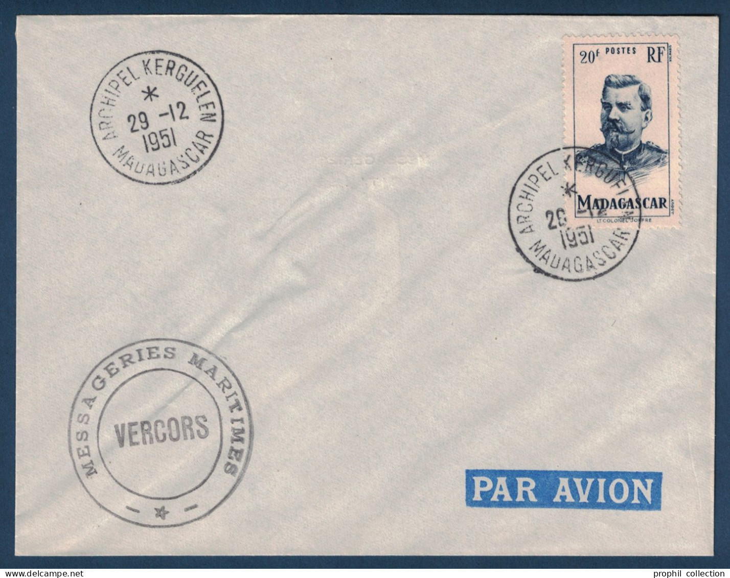 CACHET " MESSAGERIES MARITIMES VERCORS " + " ARCHIPEL KERGUELEN MADAGASCAR " Du 29.12.1951 Sur LETTRE ENVELOPPE - ...-1955 Vorphilatelie