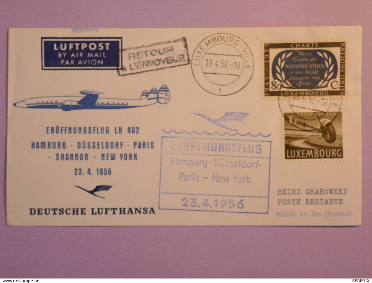 BS17  LUXEMBOURG BELLE LETTRE  1956 1ER VOL PARIS NEW YORK  USA +NATO+ . NEW YORK  + + AFFR. PLAISANT++ ++ - Brieven En Documenten
