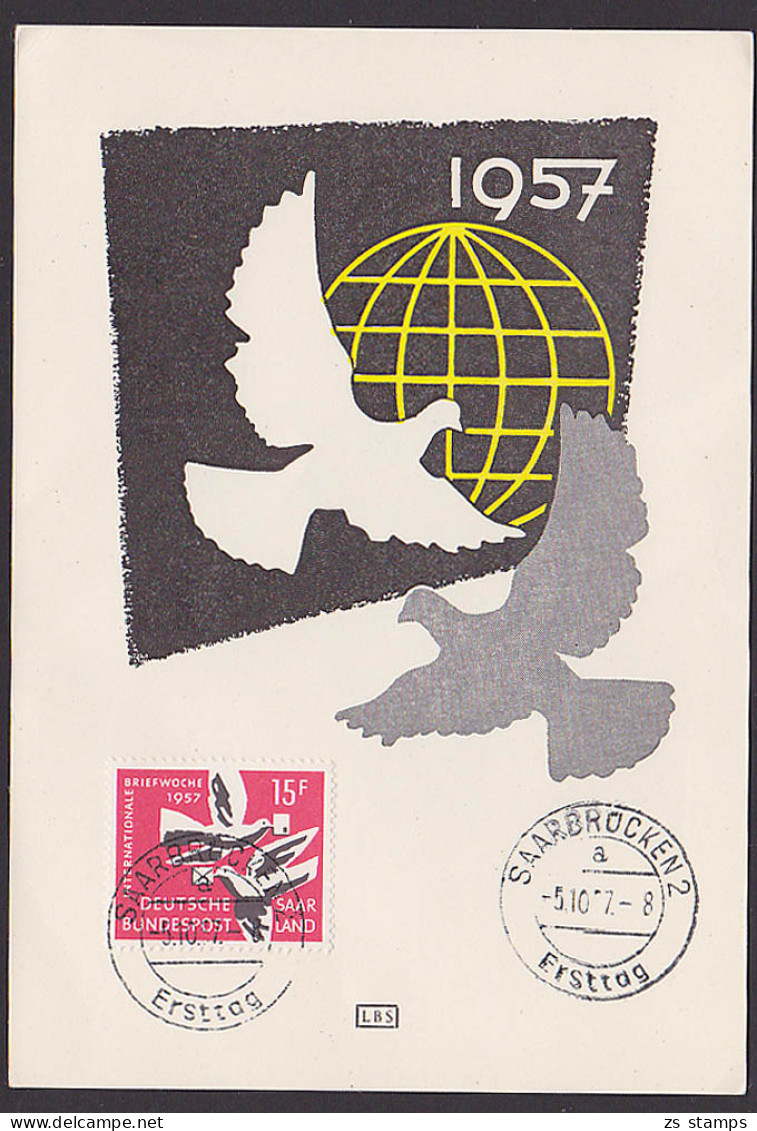 MC Saarland Anlasskarte Mi. 406 Internationale Briefwoche 1957 Weltkugel Ersttag - Covers & Documents