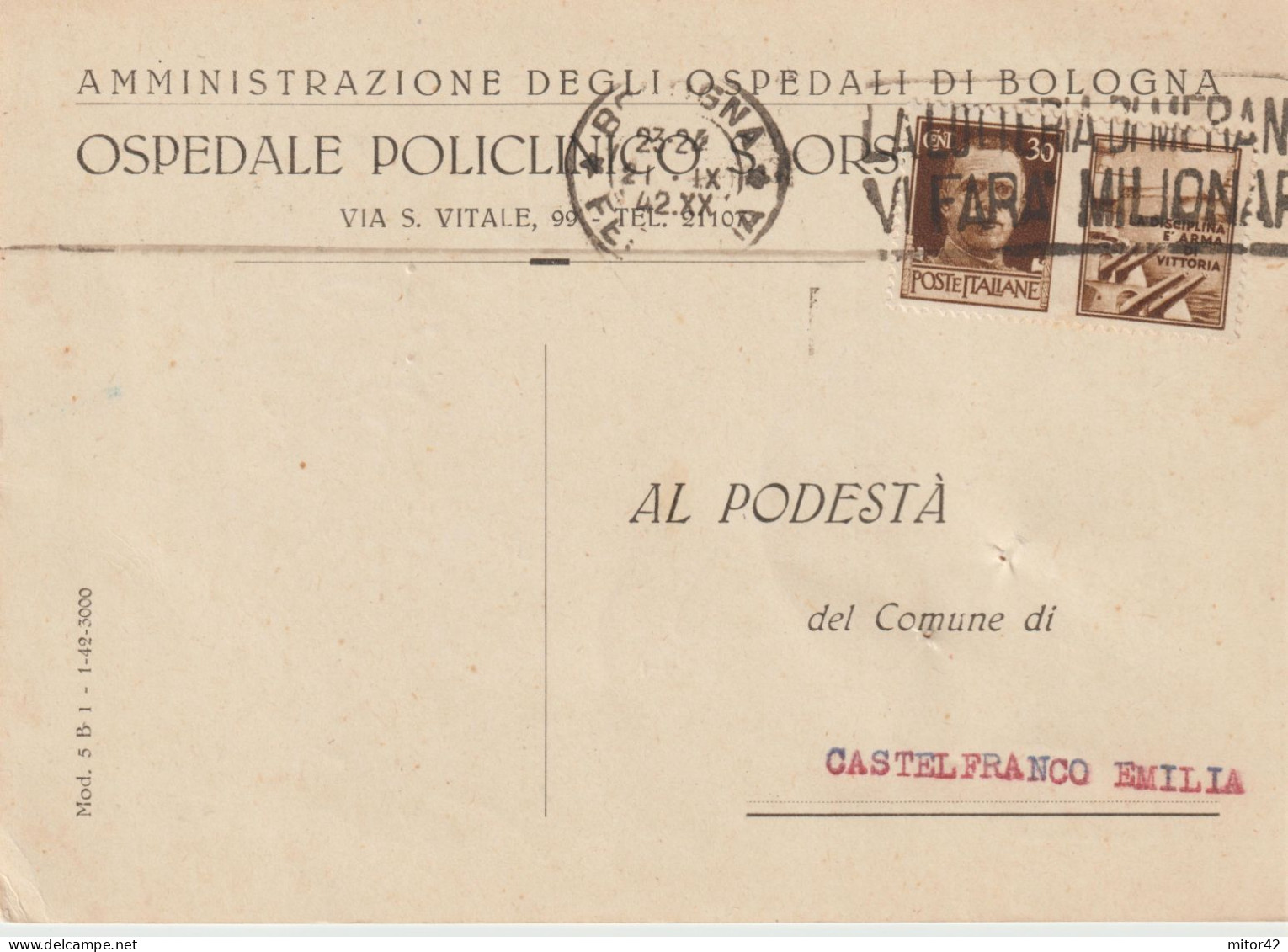 28*-30c.Propaganda Di Guerra: La Disciplina..v.1942 Su C. Pubblicitaria Ospedale S. Orsola-Bologna X Castelfranco Emilia - Propagande De Guerre