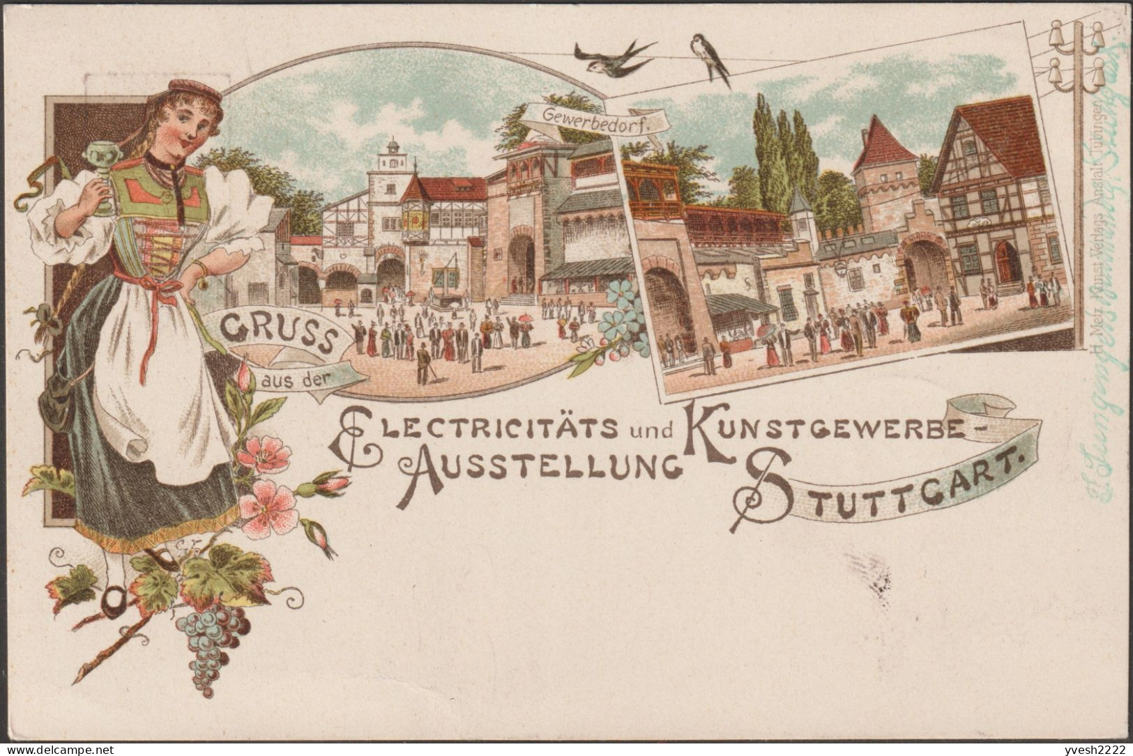 Wurtemberg 1896. Entier Postal Timbré Sur Commande. Exposition D'électricité, Raisins, Roses, Hirondelles Sur Câble - Rondini