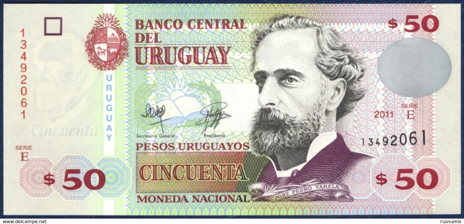 URUGUAY 50 PESOS P-87b  José Pedro Varela - Varela Monument, Montevideo 2011 UNC - Uruguay