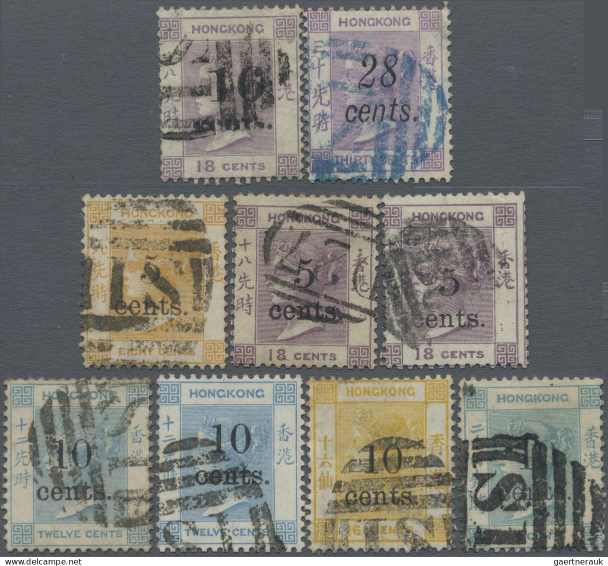 Hong Kong: 1876-1880 Set Of 9 Provisionals Optd. New Value, All Used With Variou - Other & Unclassified