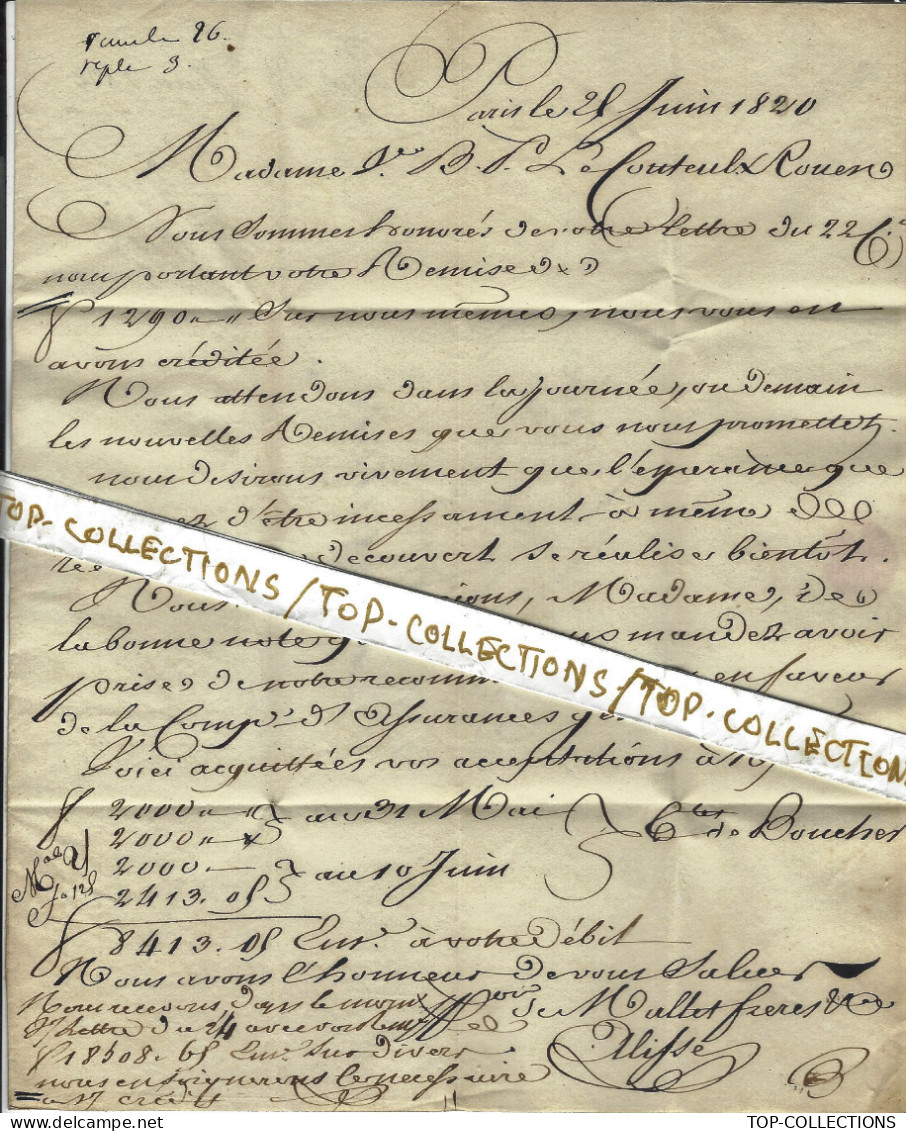 1820 LETTRE BANQUE FINANCE NEGOCE Par Mallet Frères Banque Paris Pour Veuve Lecouteulx à Rouen V.SCANS+HISTORIQUE - Altri & Non Classificati