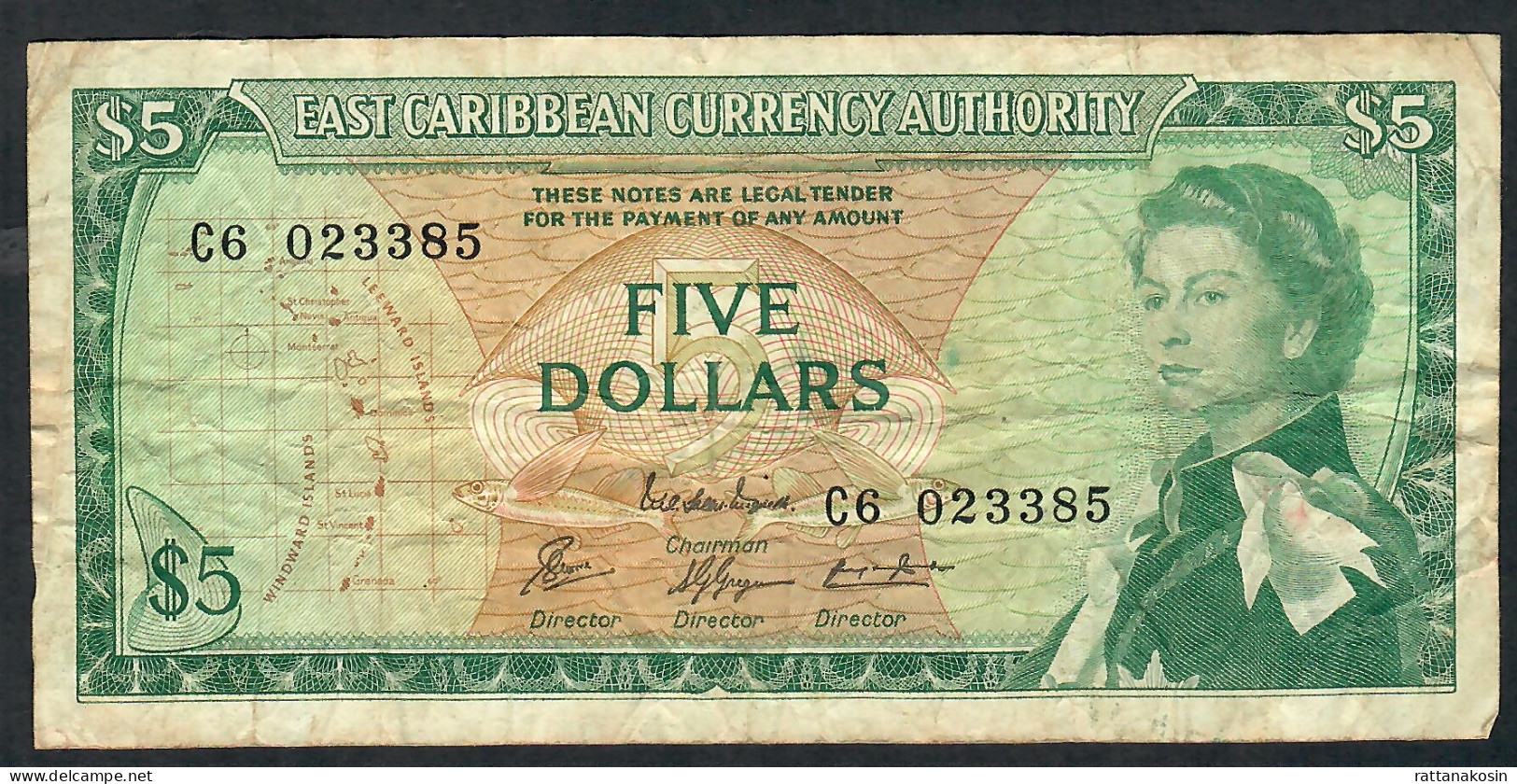 E.C.T. P14c8 5 DOLLARS 1965 Issued 1974 Signature 10 #C6    F-VF NO P.h. - Caribes Orientales