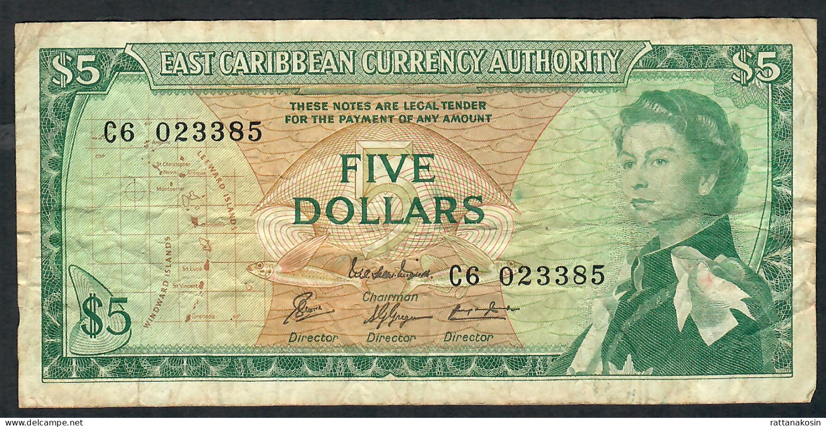 E.C.T. P14c8 5 DOLLARS 1965 Issued 1974 Signature 10 #C6    F-VF NO P.h. - Caraïbes Orientales