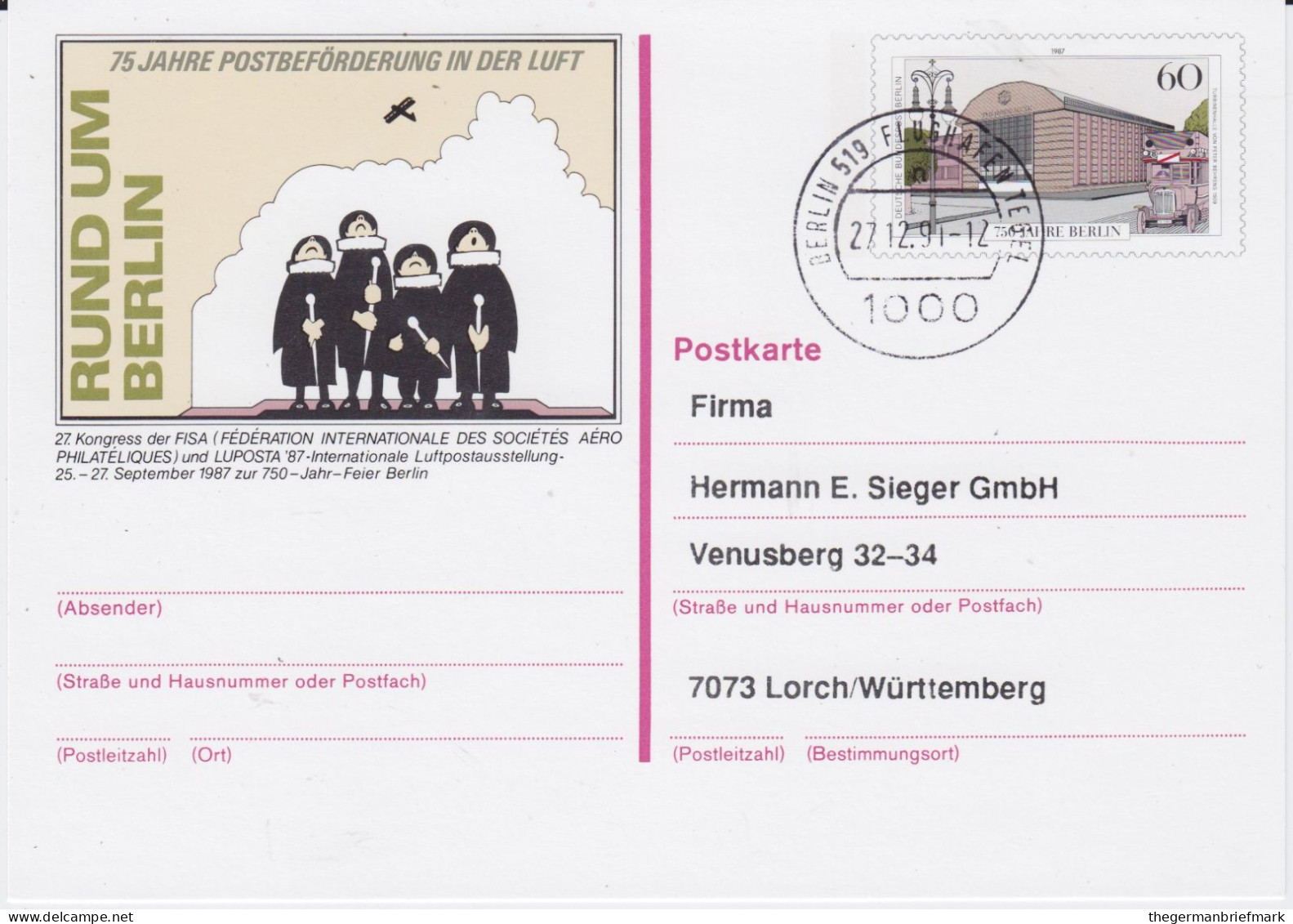 Berlin (West) Sonder Ganzsache P 127 Priv Zudruck Stpl Tegel Flughafen 1991 - Postcards - Used